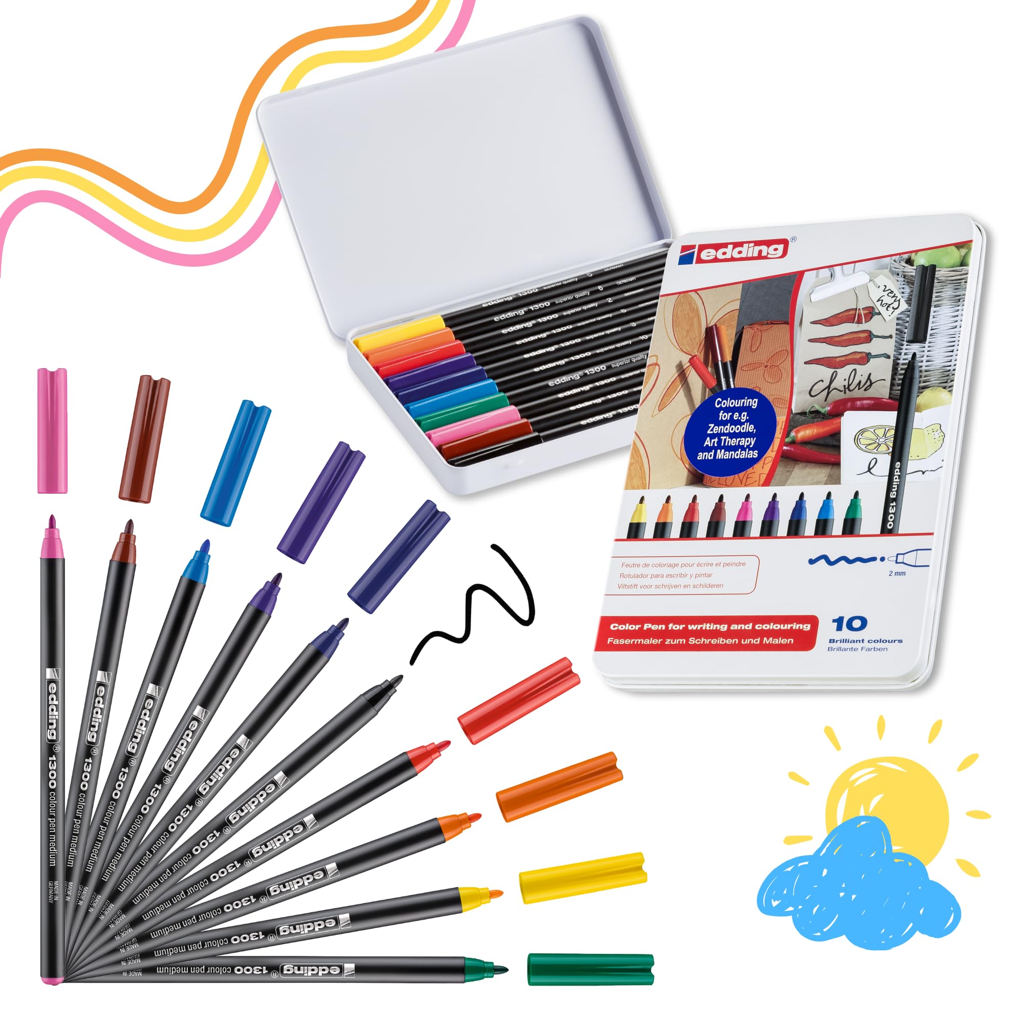 edding 1300 Fasermaler medium - mehrfarbig - 10 Stifte - Rundspitze 2 mm - Filzstift zum Zeichnen und Schreiben - Filzstift für Schule, Mandala, Bullet Journal