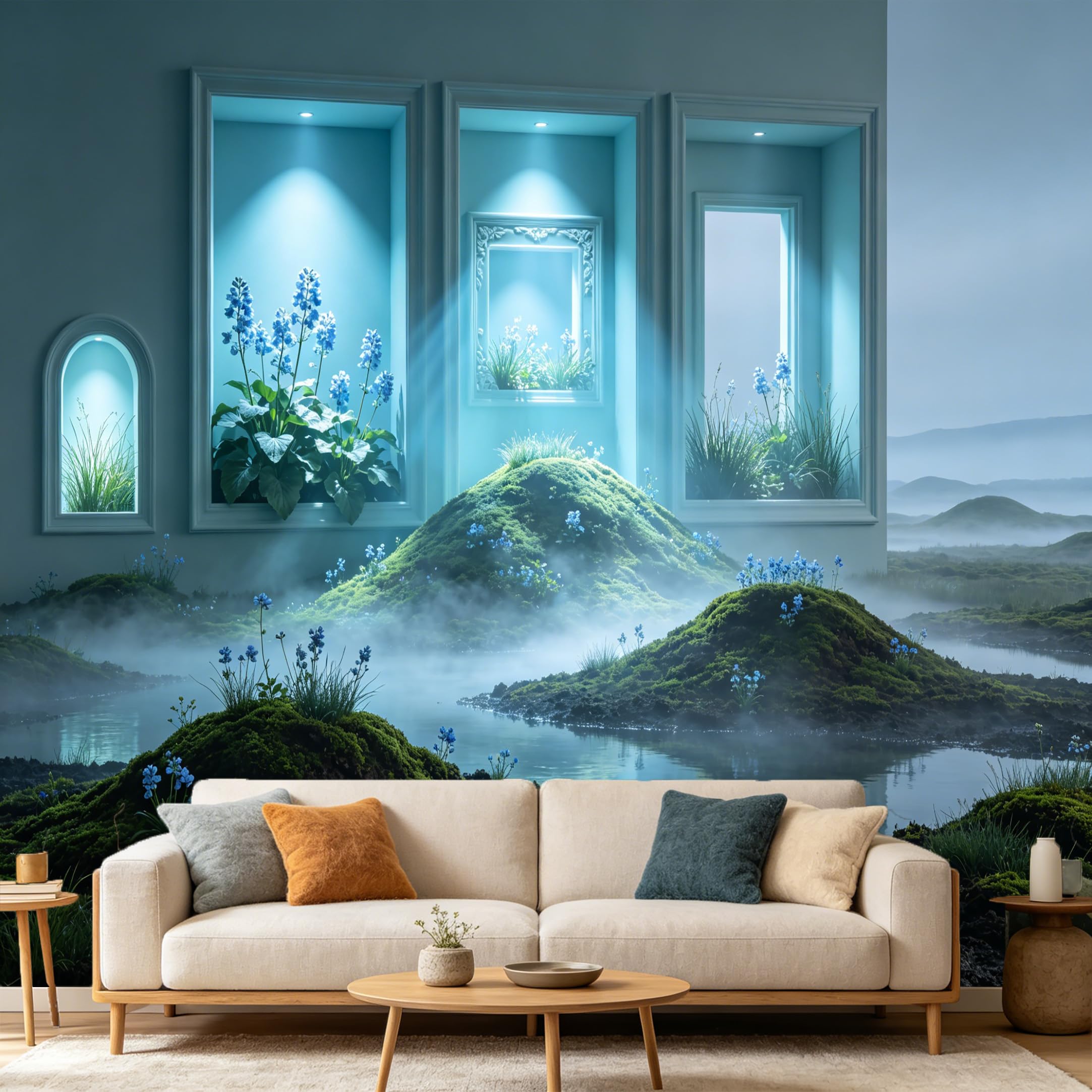 Custom Size Wall Mural， 3D Misty Landscape Botanical Blue Flowers Mossy Hill， SelfAdhesive Art Prints wall Fabric Removable Large Wallpaper Home Living Room Decor