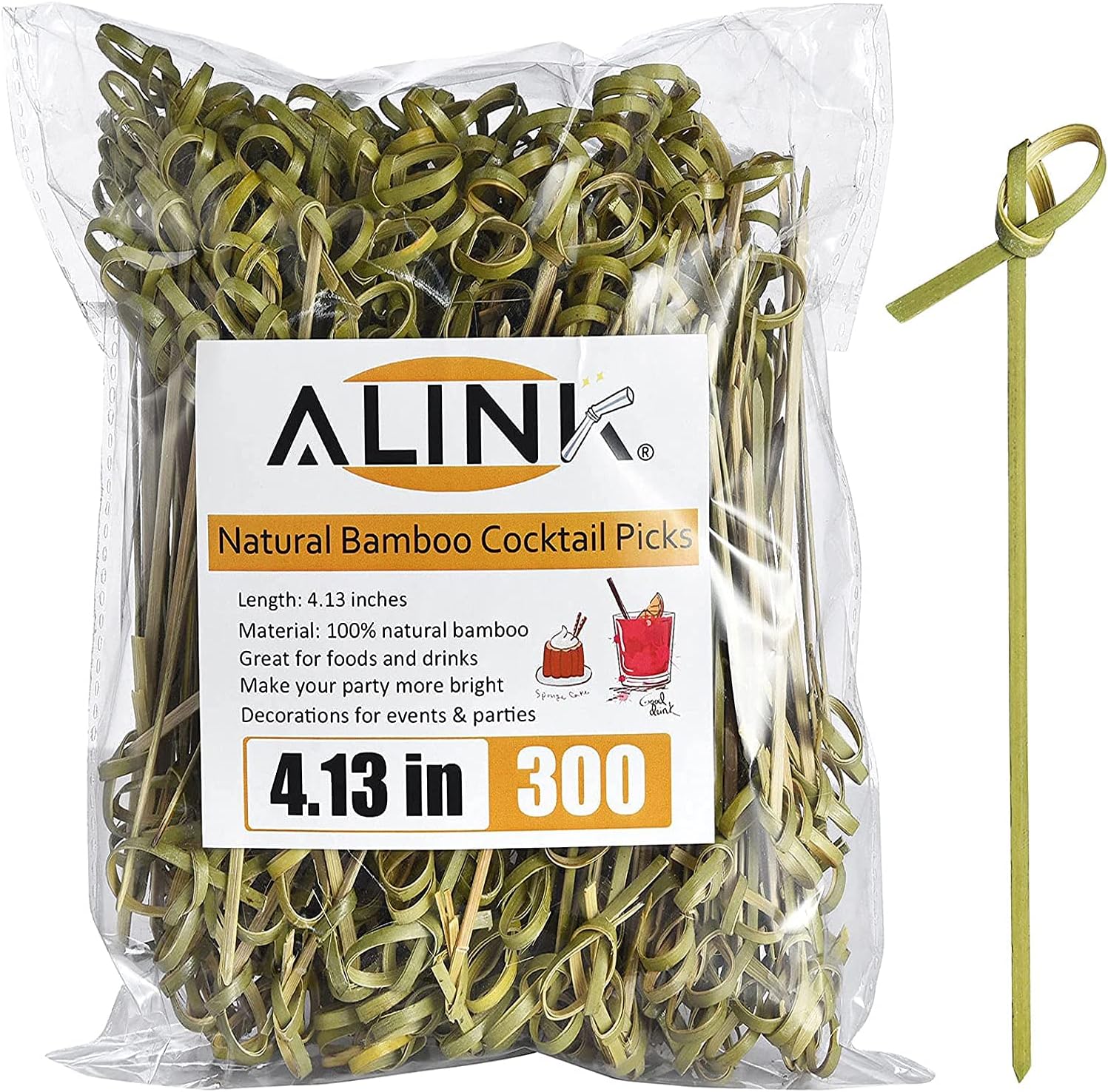 ALINK 300 PCS Fancy Bamboo Cocktail Sticks, 4.1 inch Fruit Toothpick Skewers for Party Food Drinks Appetizer