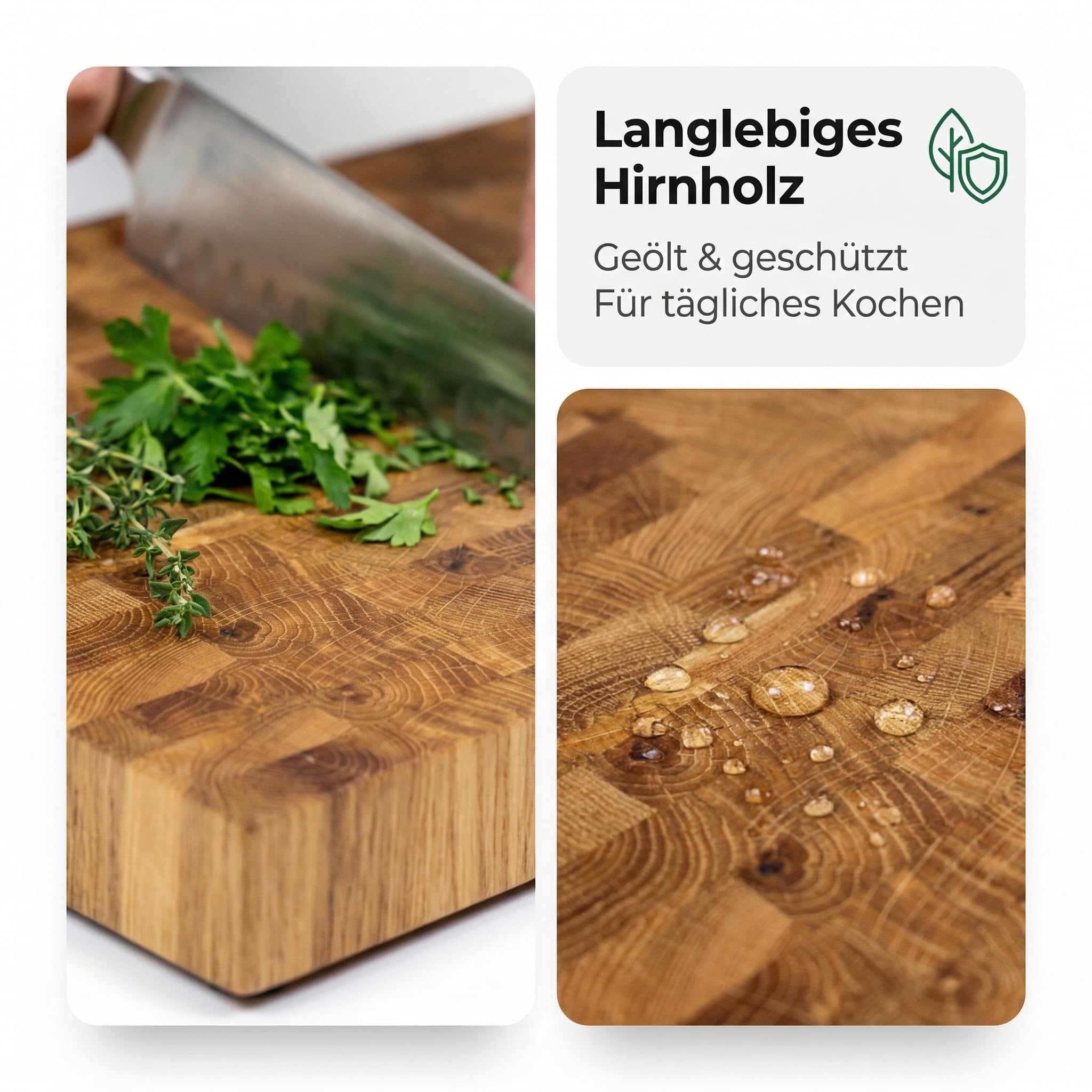 B4K Hackblock aus Eiche Stirnholz 37×27×4,3 cm inkl. Ständer | Geölt, Griffmulden, Rutschfest mit Silikonfüßen, Messerschonend, BBQ & Grill
