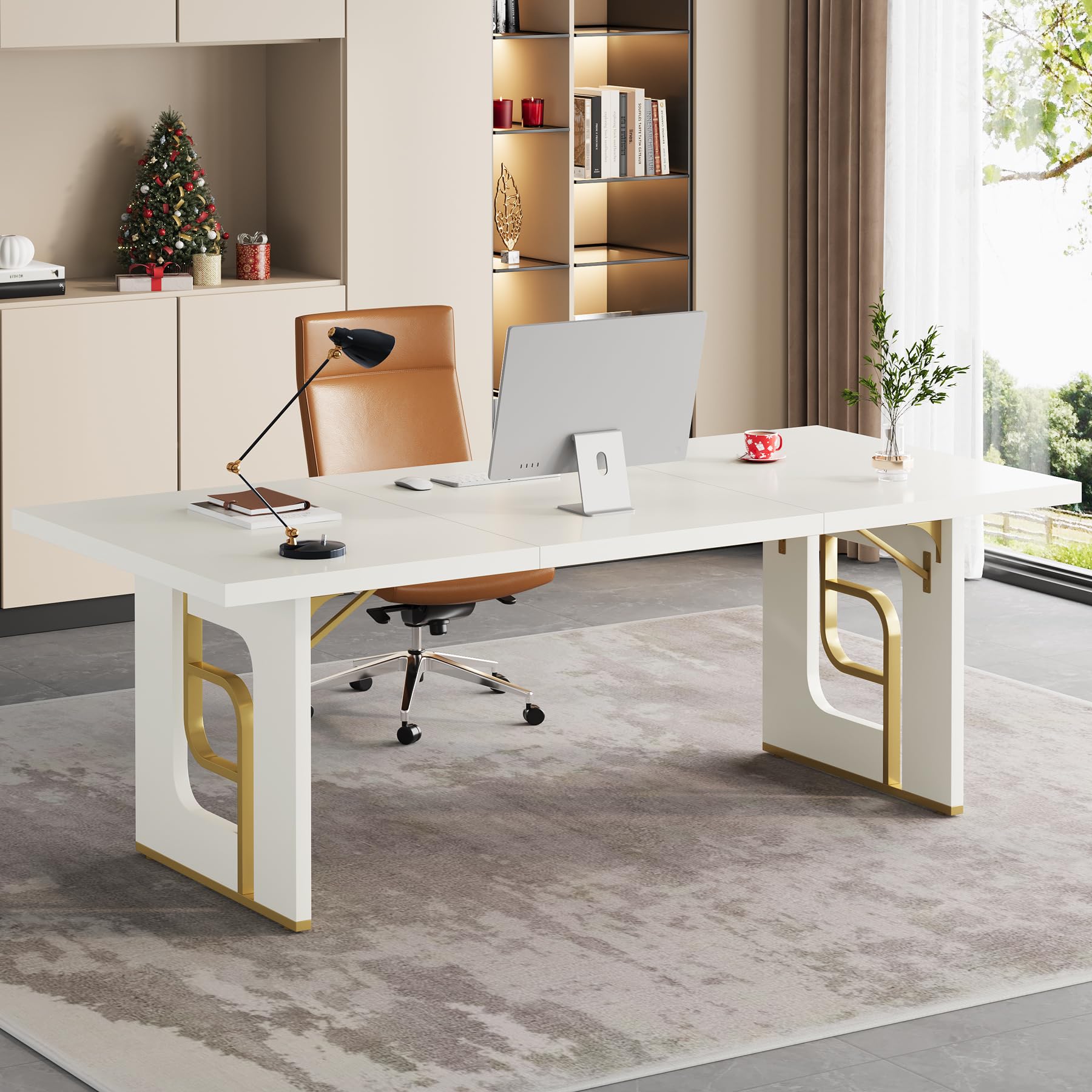 71 inch Large Simple Computer Desk, Executive Office Desk Workstation, Modern Study Writing Table, Business Furniture for Home Office, Cream White and Gold