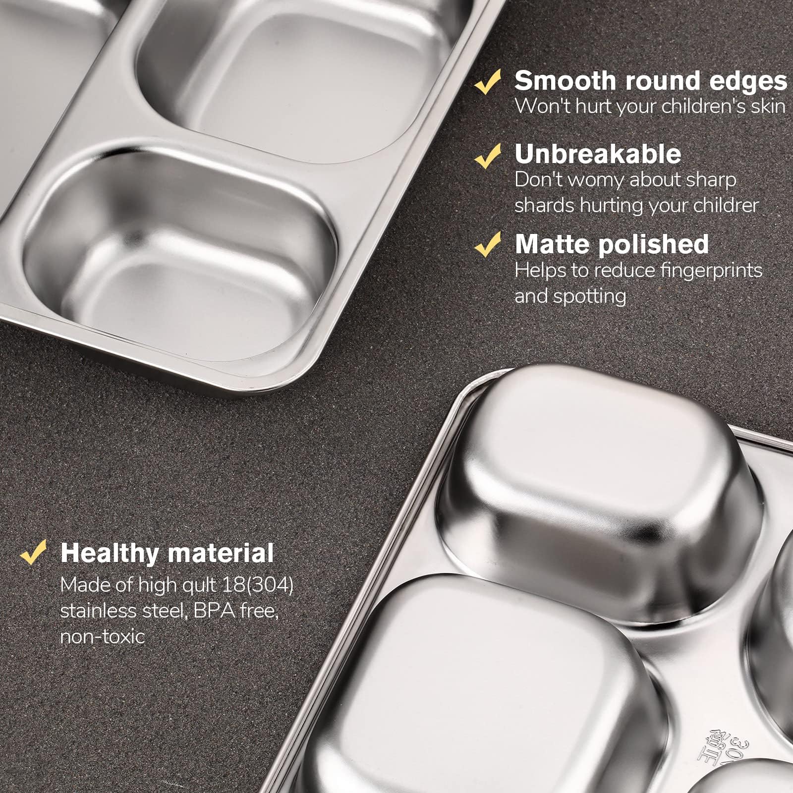 Lot De 3 Assiettes à Dîner Divisées En Acier Inoxydable 5 Compartiments - Contrôle Des Portions