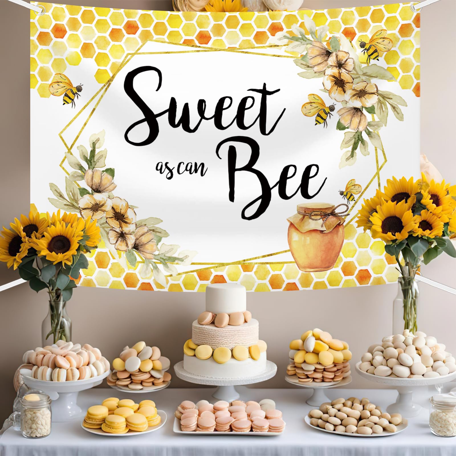 Mocsicka Bee First Birthday Backdrop - So Sweet Honeycomb Bumble Bee Sunflower First Birthday Party Photo Backdrop (10x8ft