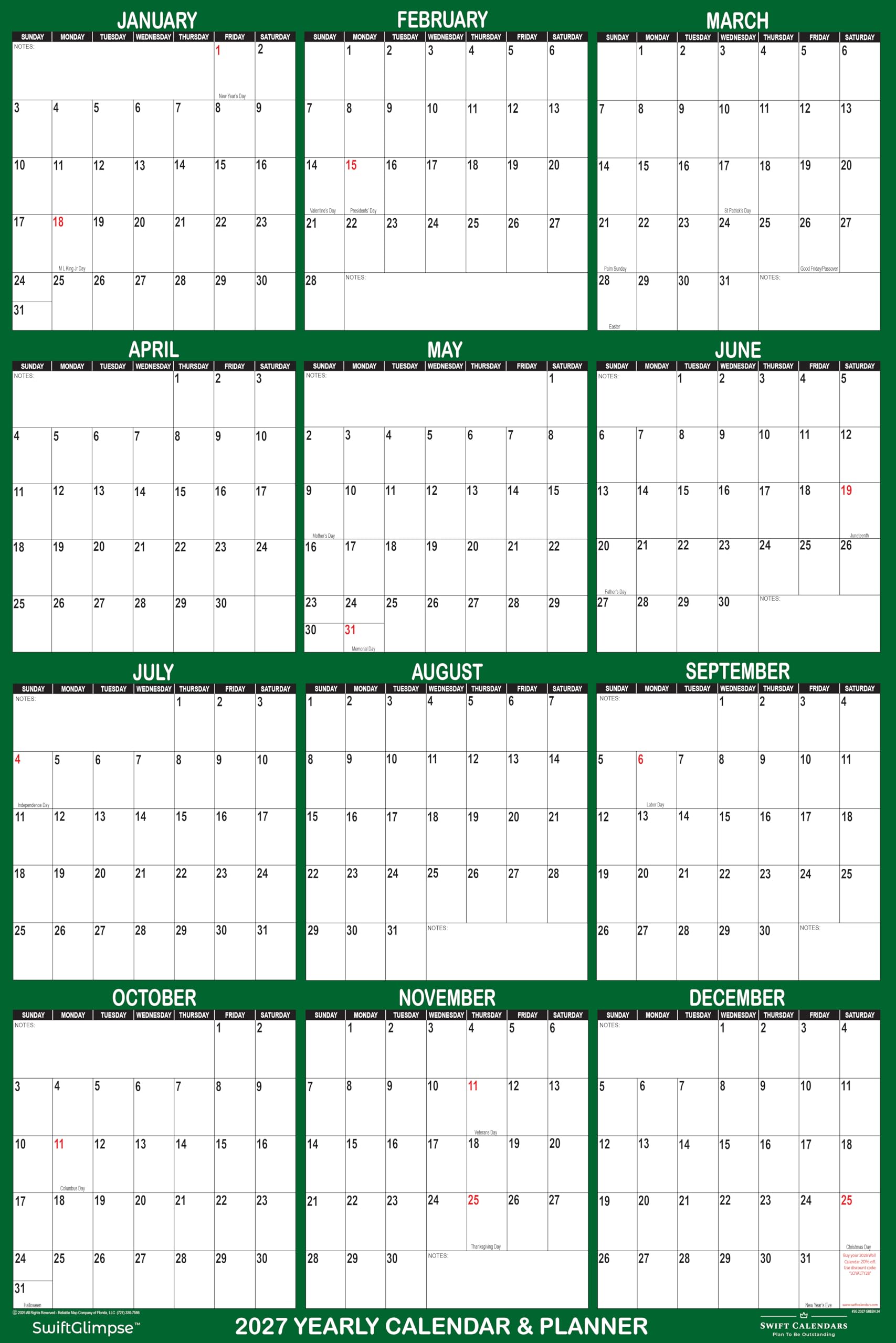 SwiftGlimpse Calendrier mural 2027 effaçable à sec et à sec 61 x 91,4 cm Réversible, horizontal/vertical, vert