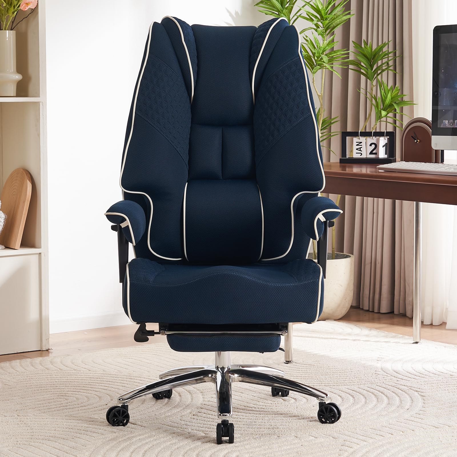 EXCEBET Chefsessel Bürostuhl Ergonomisch 200kg, Schreibtischstuhl mit Fußstütze und Atmungsaktivem Mesh, Hochlehner mit 14cm Taschenfederkern, Drehstuhl mit Höhenverstellbaren Armlehnen (Dunkelblau)
