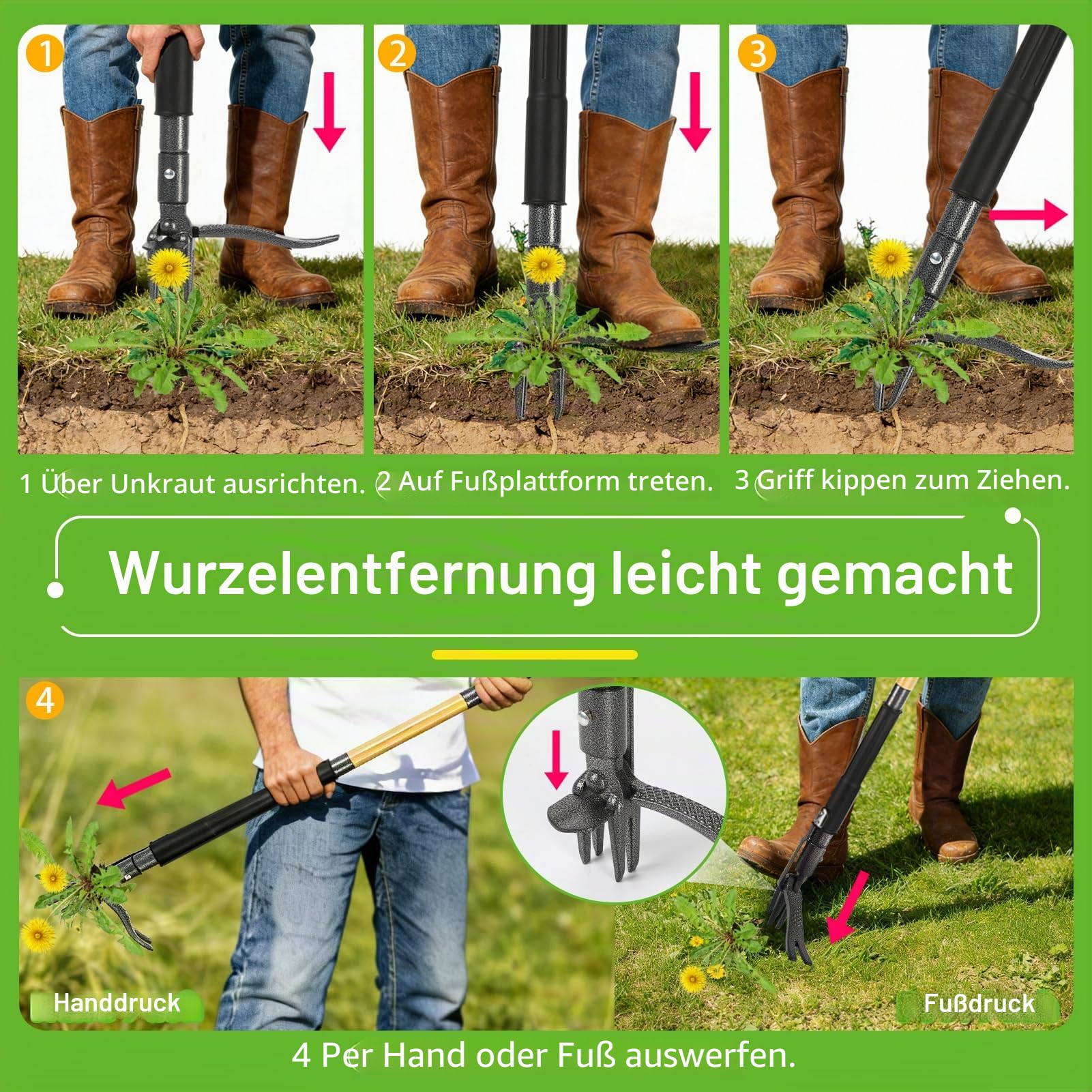 Unkrautstecher, Schweres Unkraut Entferner Gerät mit 4-Krallen-Stahlkopf & Dual-Auswurfmechanismus, 110,5 cm Bambus-Langstiel Löwenzahnstecher für Rasen und Hof, inklusive 16-Gallonen-Laubsack