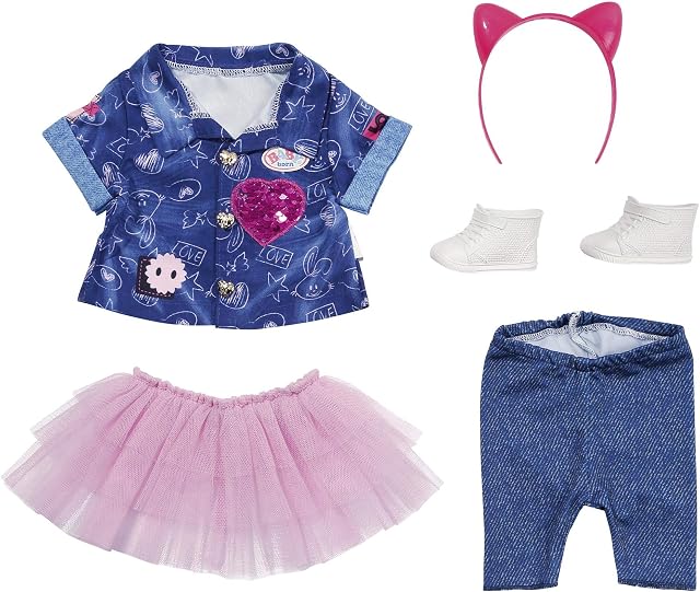 BABY born Deluxe Jeans Dress Toy Set for 43 cm Doll - Easy for Small Hands, Creative Play Promotes Empathy & Social Skills, For Toddlers 3 Years & Up - Includes Shirt, Leggings, Headband & More