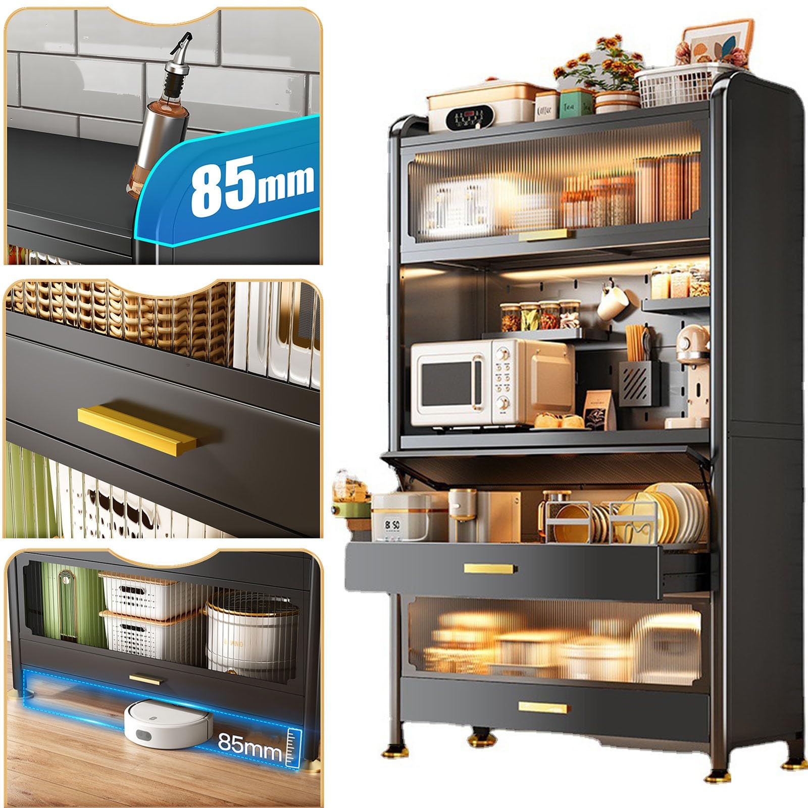 4-Poziomowy Przemysłowy Regał Do Przechowywania Wypieków W Kuchni, Stojak Pod Kuchenkę Mikrofalową, Kredens Kawowy Z Haczykami I Stopkami, 82 X 38 X 150 Cm – Stylowy I Funkcjonalny Organizer Kuchenny