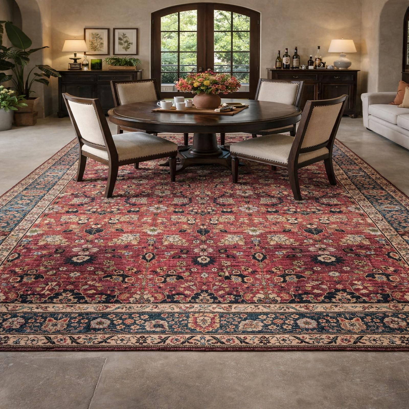 Tapis de salon rouge et beige à motifs floraux pour une ambiance de salle à manger