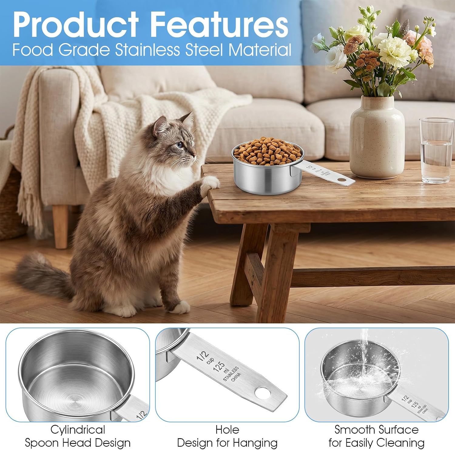12-Pack Stainless Steel Measuring Cup Set, 125ml 1/2 Cup Metal Scoops, Food-Grade Kitchen Cups for Coffee, Baking, Cooking, Pet Food, Easy-Grip Handle, 1.3in Tall x 5.5in Long x 2.9in Wide