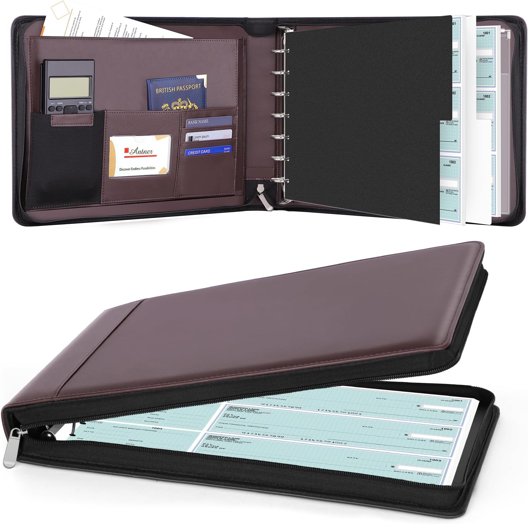 - Antner Zippered 7 Ring Business Checkbook Binder Portfolio for 3-on-a-Page Business Checks, 600 Checks Capacity, PU Leather Check Binder Cover with Zipper Pouch & Dividers for 9x13 Sheets, Dark Coffee