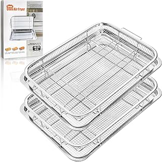 Yarlung 2 Pack Air Fryer Basket for Oven, Stainless Steel Crisper Tray Set 15"x11" and 14"x10", Nonstick Grill Basket Baking Tray Air Fryer Accessories for Fries, Chicken, Outdoor BBQ