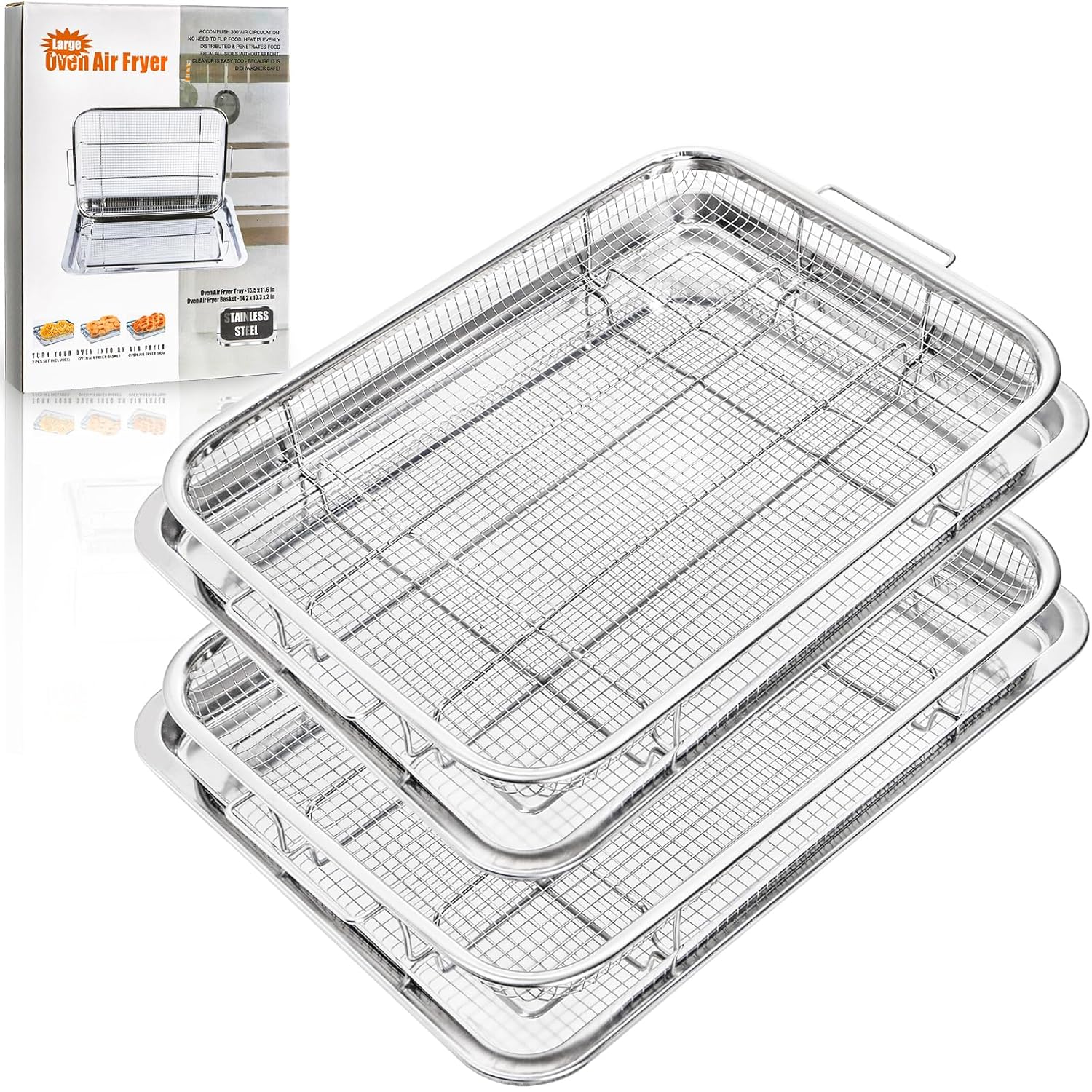 Yarlung Set of 2 Air Fryer Basket and Tray for Oven, Stainless Steel Crisper Basket Tray, Nonstick Grill Basket Baking Tray for Fries, Chicken, Outdoor BBQ Grill, 14″x10″ and 15″x11″