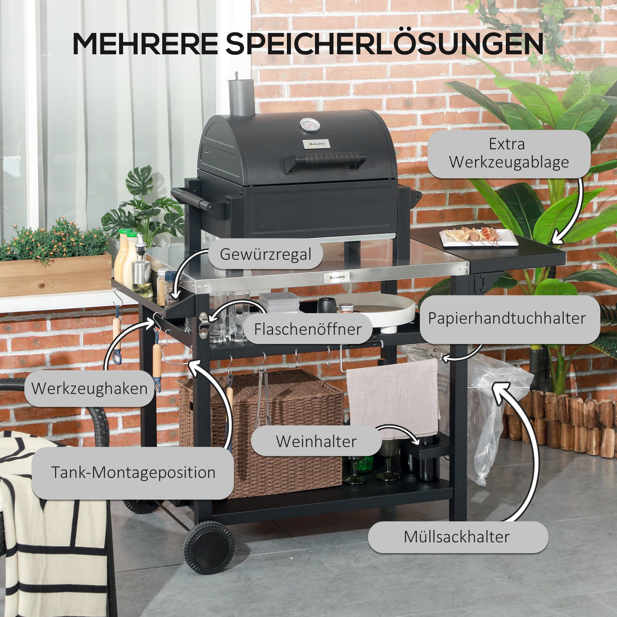 Outsunny Grillwagen Grilltisch mit klappbarem Beistelltisch, Servierwagen mit 3 Etagen, 6 Haken, Rollen, Weinregal, Grill Trolley mit Tischplatte aus Edelstahl für Outdoor, Schwarz