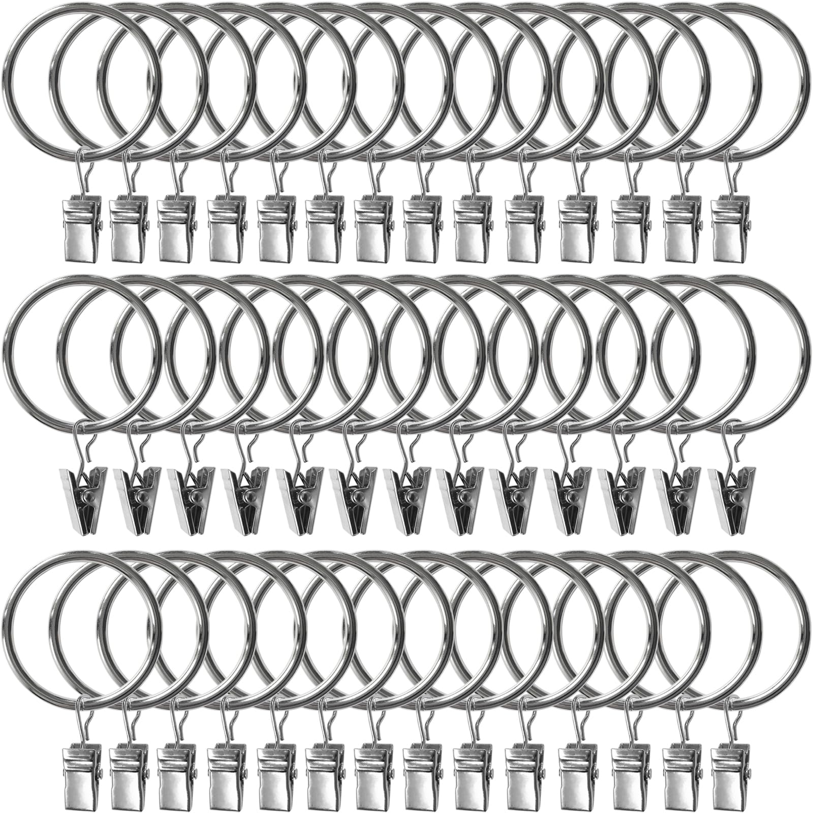 AMZSEVEN 40 Pack Metal Curtain Rings with Clips, Drapery Clips Hooks, Decorative Curtain Rod Clips 1.5 in Interior Diameter, Silver