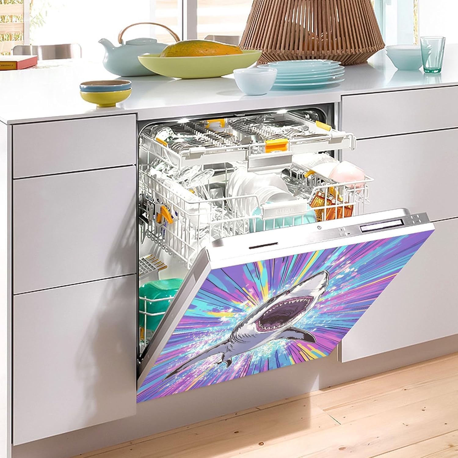 Dishwasher Magnet Cover Large Magnetic Stickers Shark Front Dishwasher Cover Reusable Decal for Home Kitchen Refrigerator Decorative Lid Washing Machine Laundry