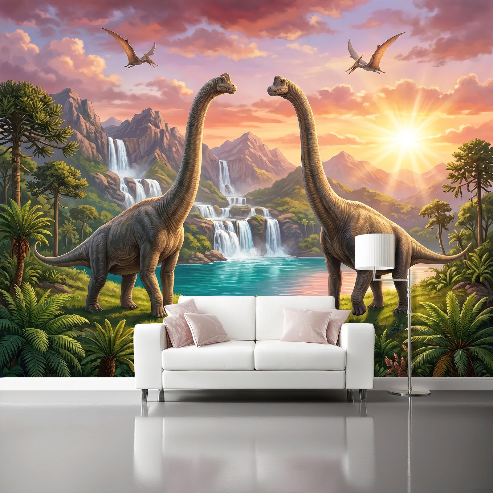 Fototapeta z włókniny, zwierzęta, fantazja, 400 x 280 cm, fototapeta, fantazyjny dinozaur i wodospad, tapeta do pokoju dziecięcego - tapeta na fizelinie, tapeta ścienna, efekt 3D