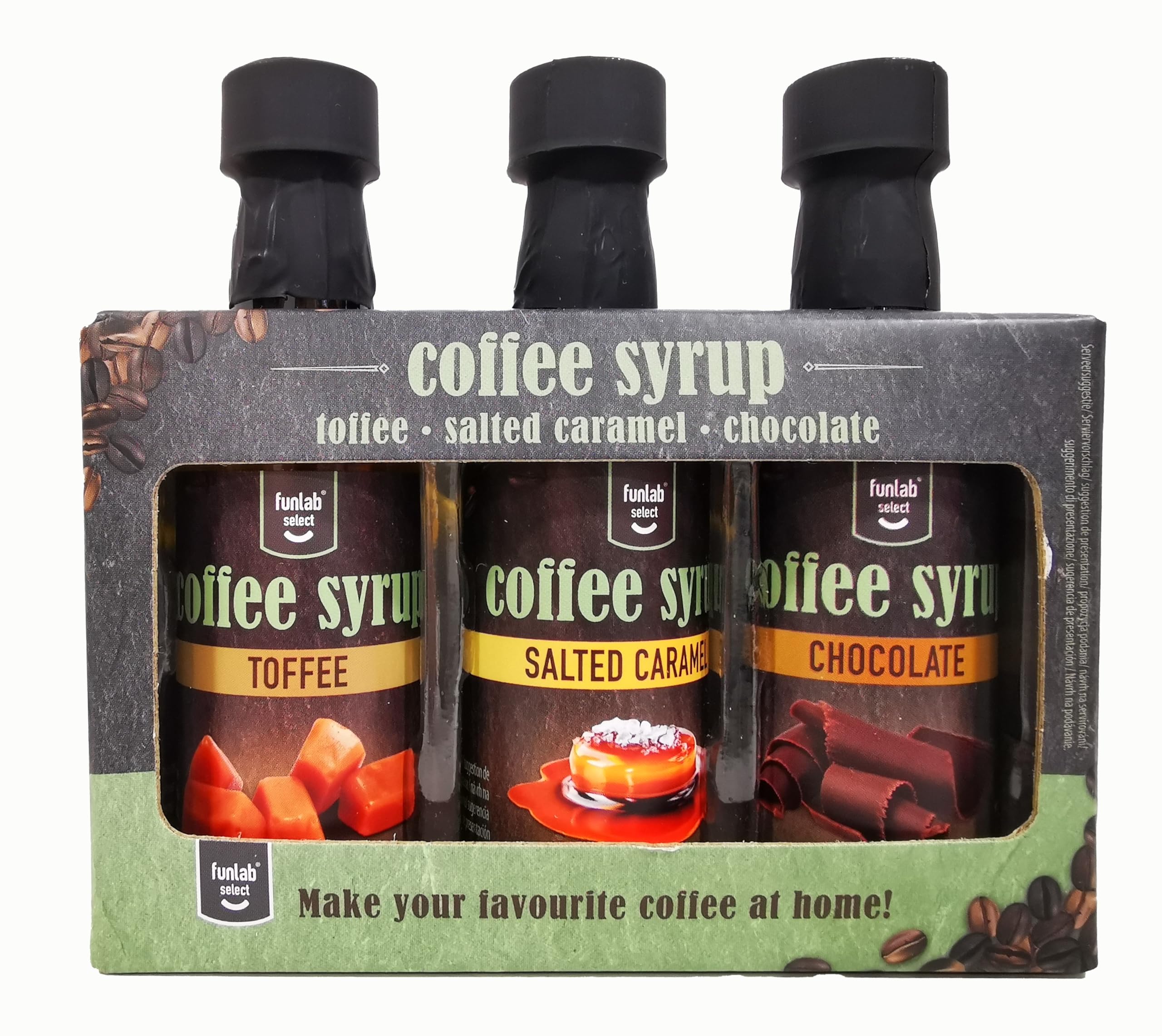 OsoRetail pack de 3 botellas de sirope de café | Funlab Select Almíbar de Toffee, Almíbar de Caramelo Salado y Almíbar de Chocolate | para cafés y bebidas calientes | 3x 45ml