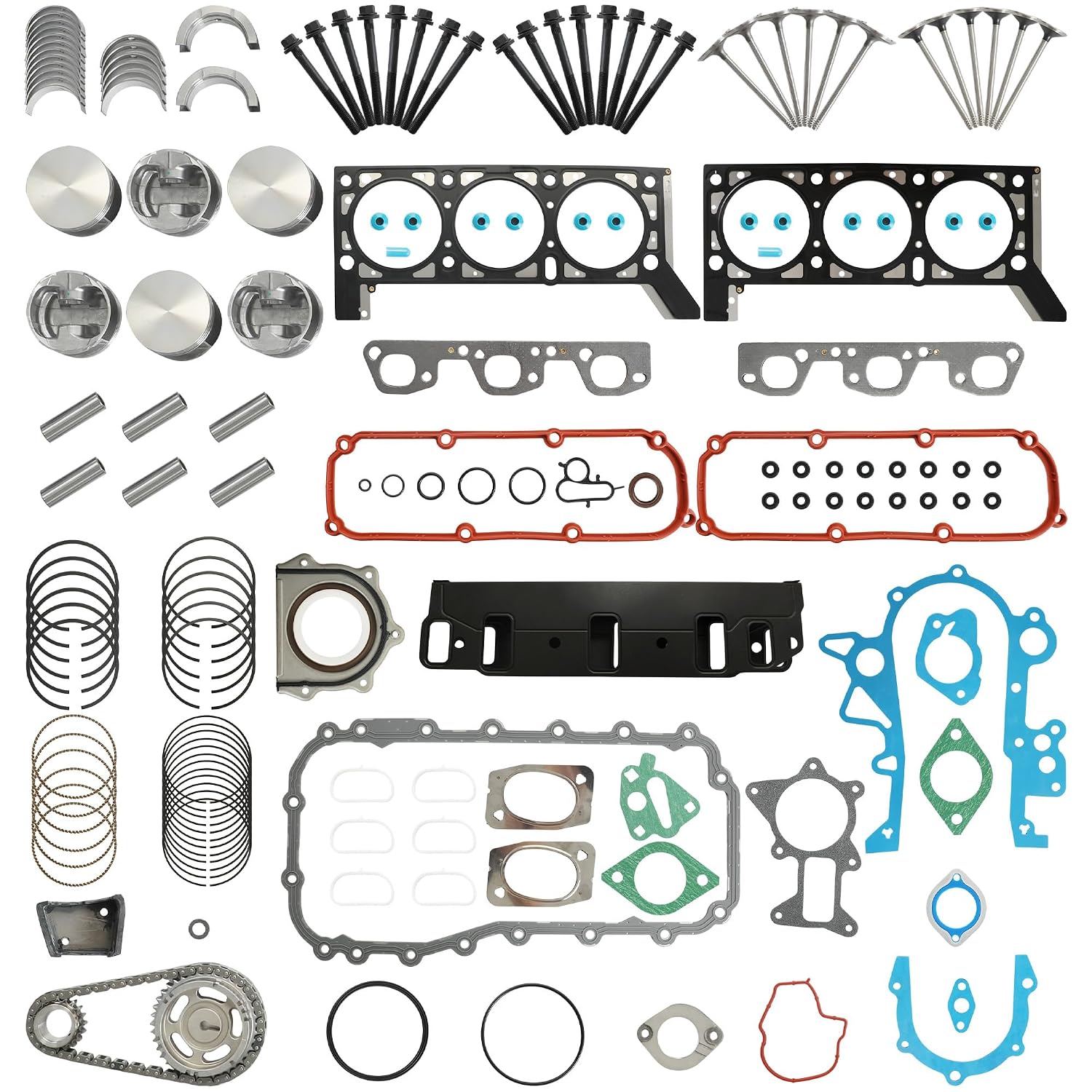 3.8 V6 EGT Engine Rebuild Head Gasket with Bolts Valve Set Timing Chain Kit & Piston Kit Fit for Jeep Wrangler 3.8L 2008-2011 HS26326PT ES72163