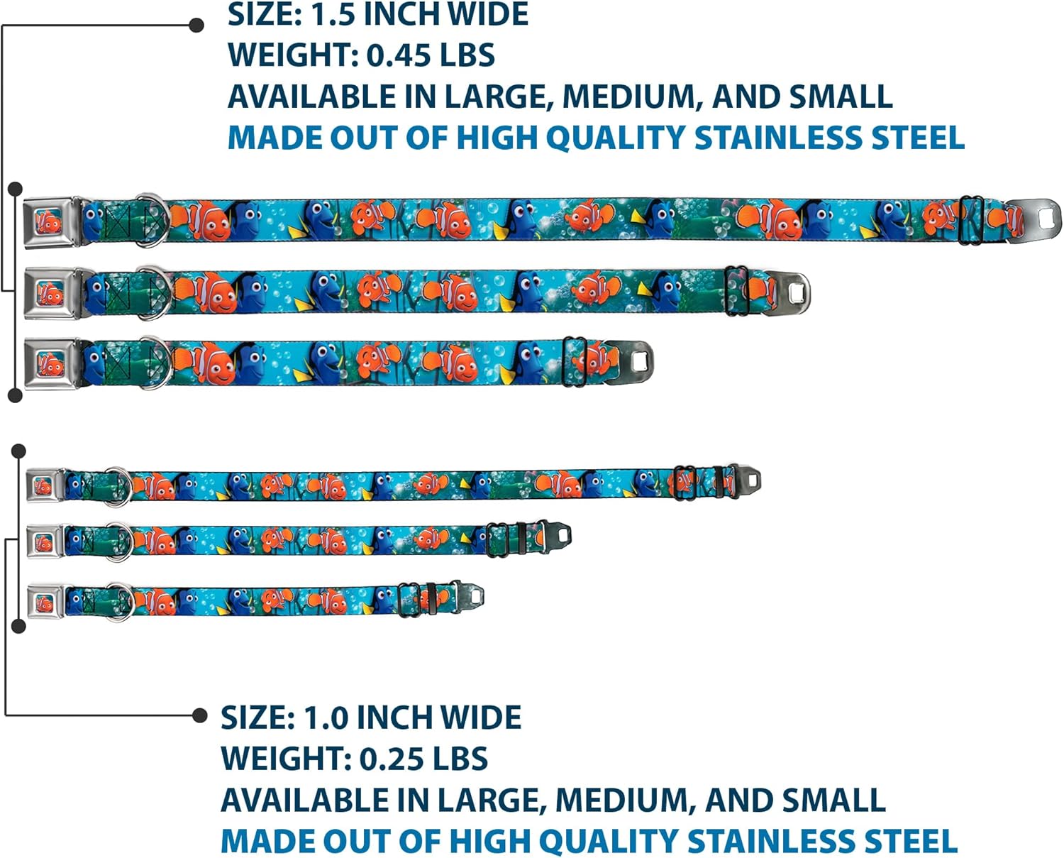 Dog Collar Seatbelt Buckle Nemo Dory Poses 16 to 23 Inches 1.5 Inch Wide