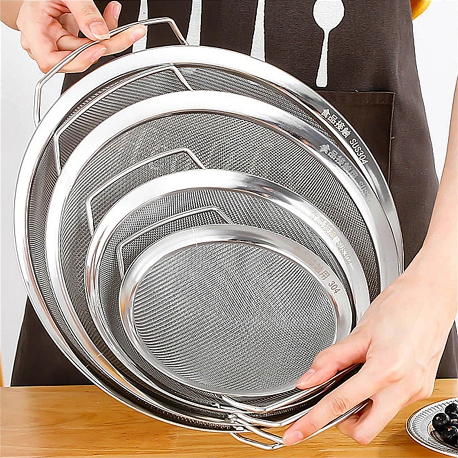 Filtros de acero inoxidable. Cesta coladora de malla fina de acero inoxidable con asas dobles, tamiz grande for jugo, harina de arroz, filtro de alimentos, escurridor, utensilio de cocina, colador de