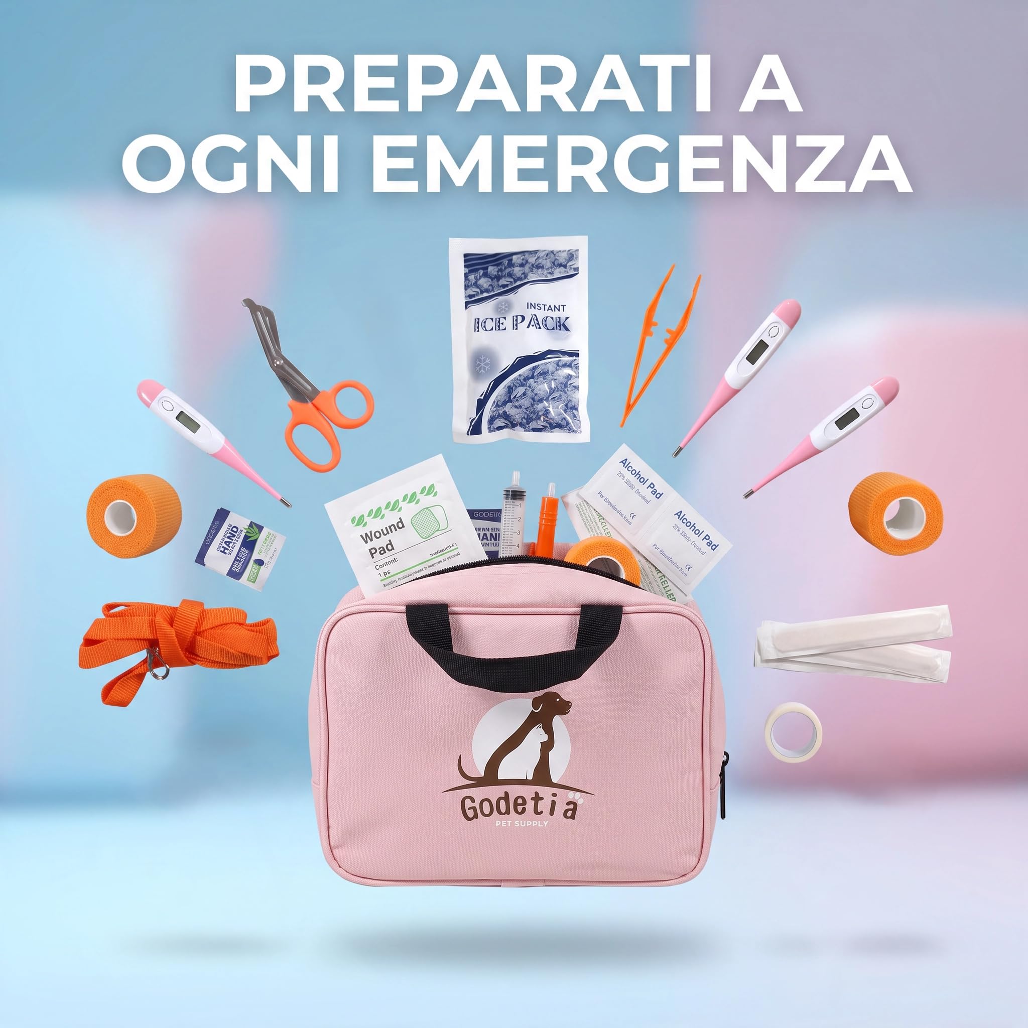 Erste-Hilfe-Set für Hunde und Katzen – komplettes Set mit Schere, Bandagen, Wundauflagen, Thermometer, Pinzette, Notfallhalsband und Tragetasche – Professionelles medizinisches Set für Haustiere
