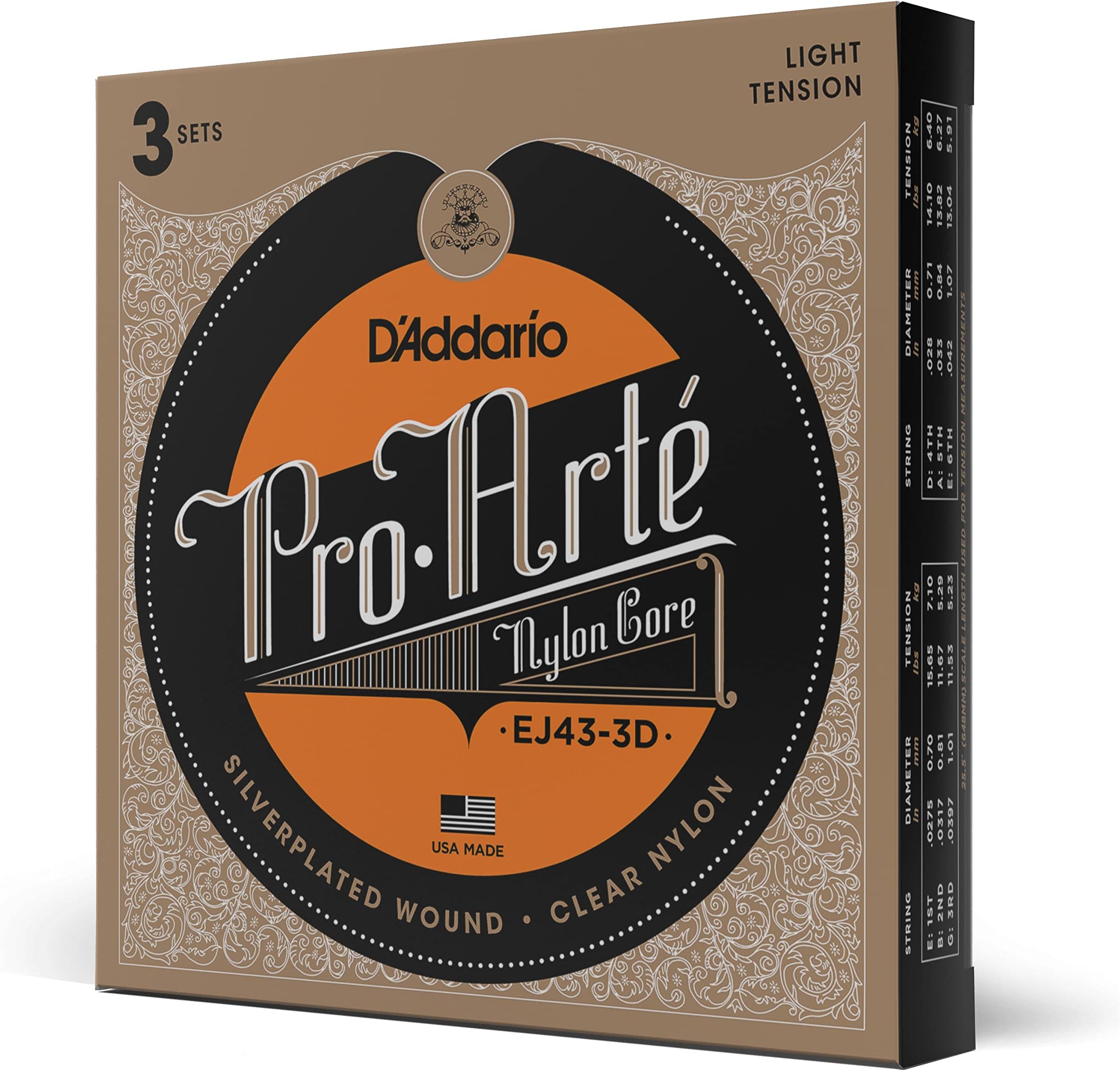 EJ43 Pro-Arte Nylon Classical Guitar Strings, Light Tension, 3 Sets