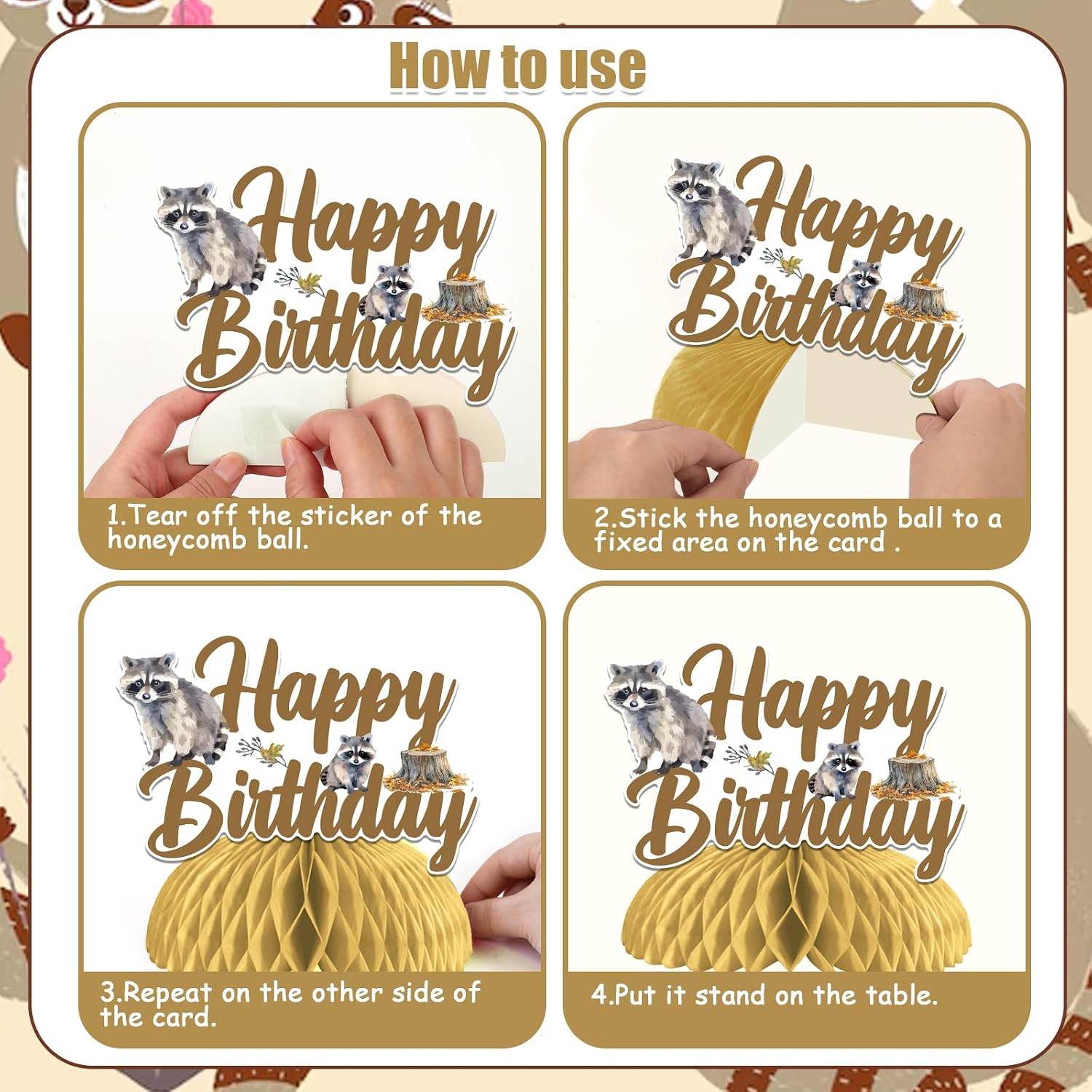 Sursurprise 8pcs Raccoon Themed Honeycomb Centerpieces, Raccoon Happy Birthday Table Topper Decorations, Raccoon Baby Shower Birthday Party Supplies