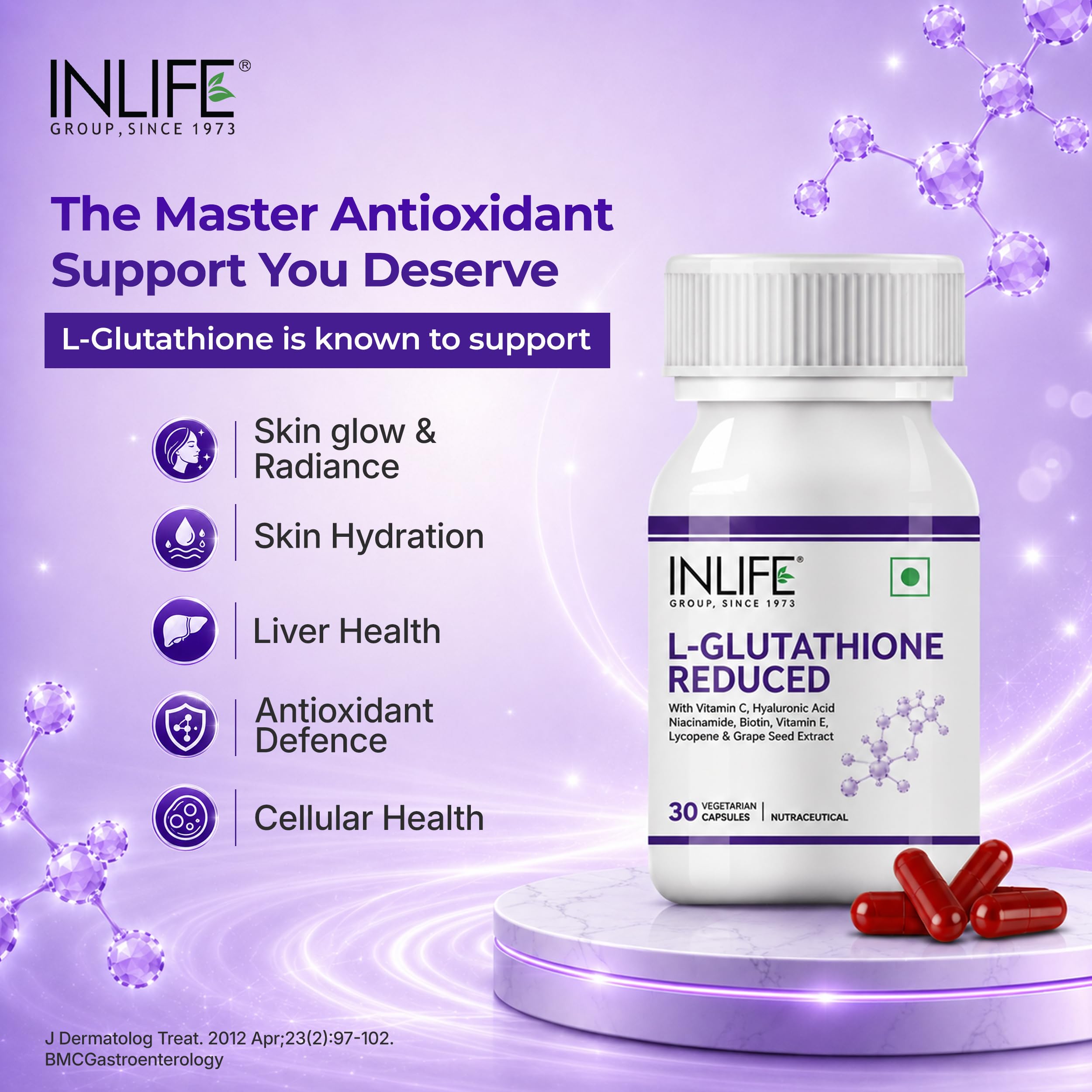 INLIFE L-Glutathione Reduced 500mg, Vitamin C Grape Seed Hyaluronic Acid  Niacinamide Lycopene, Skin & Antioxidant Health, Men Women, 30 Veg Capsules  (Pack of 2) : Amazon.in: Health & Personal Care