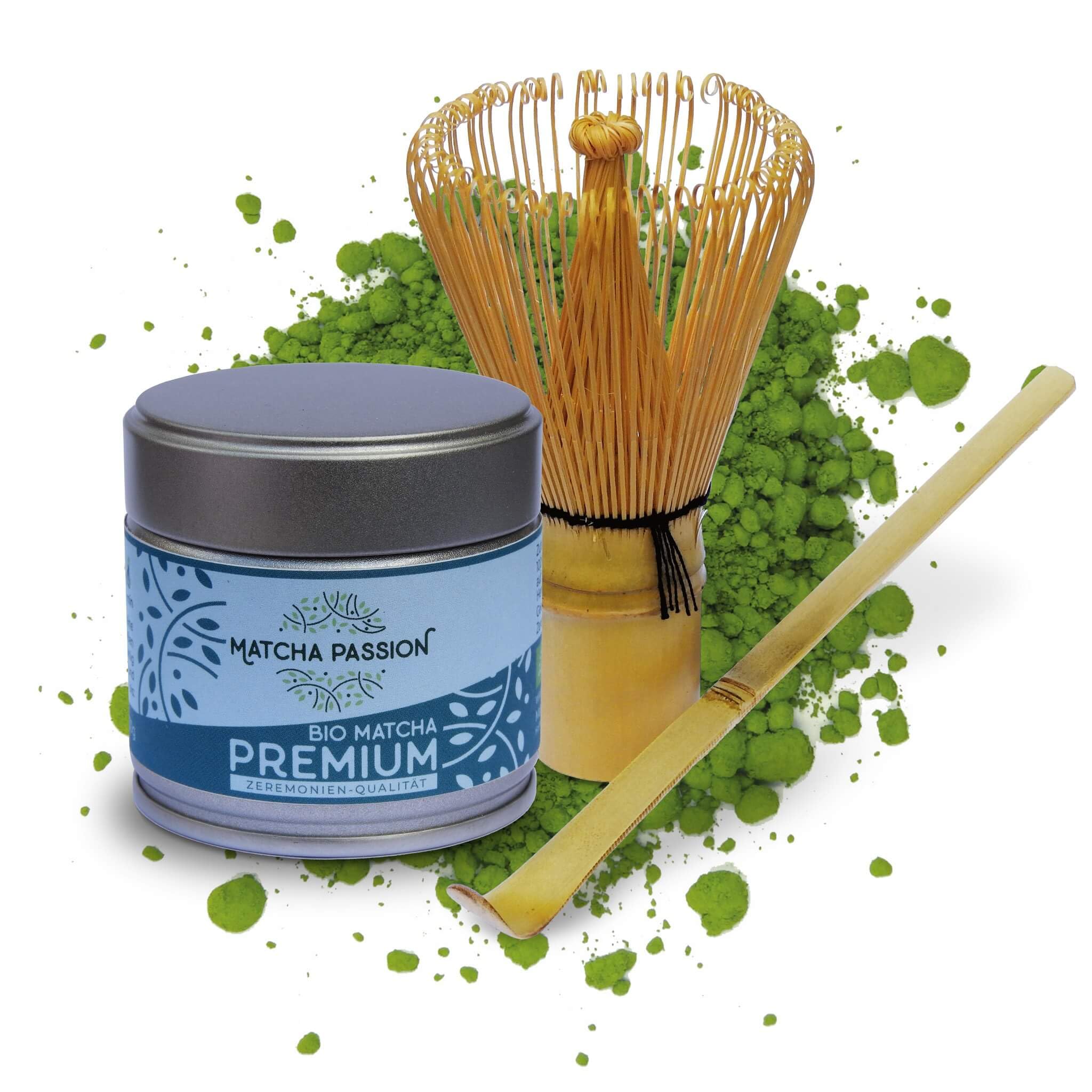 MATCHA PASSION Bio Matcha Premium 30g Pulver mit Bambusbesen & Bambuslöffel - Zeremonie Qualität Kagoshima Japan - purer Genuß für Tee-Zeremonie Vegan Superfood