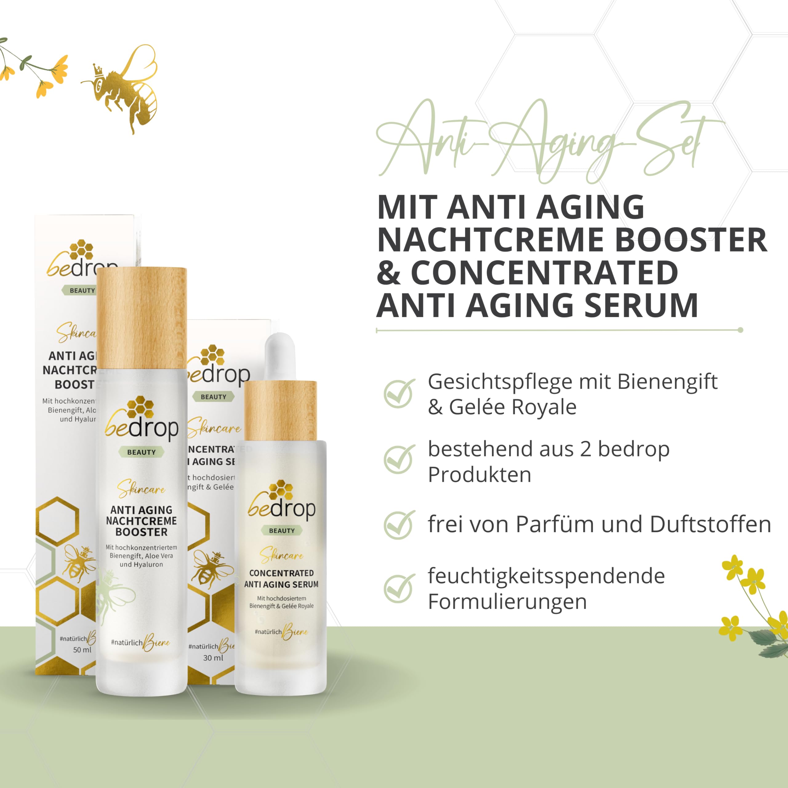 bedrop Anti-Aging-Set CONCENTRATED Serum & Nachtcreme Booster hochdosiertes Bienengift, straffend & regenerierend, Anti-Aging Effekt über Nacht, frei von Parfüm & Duftstoffen