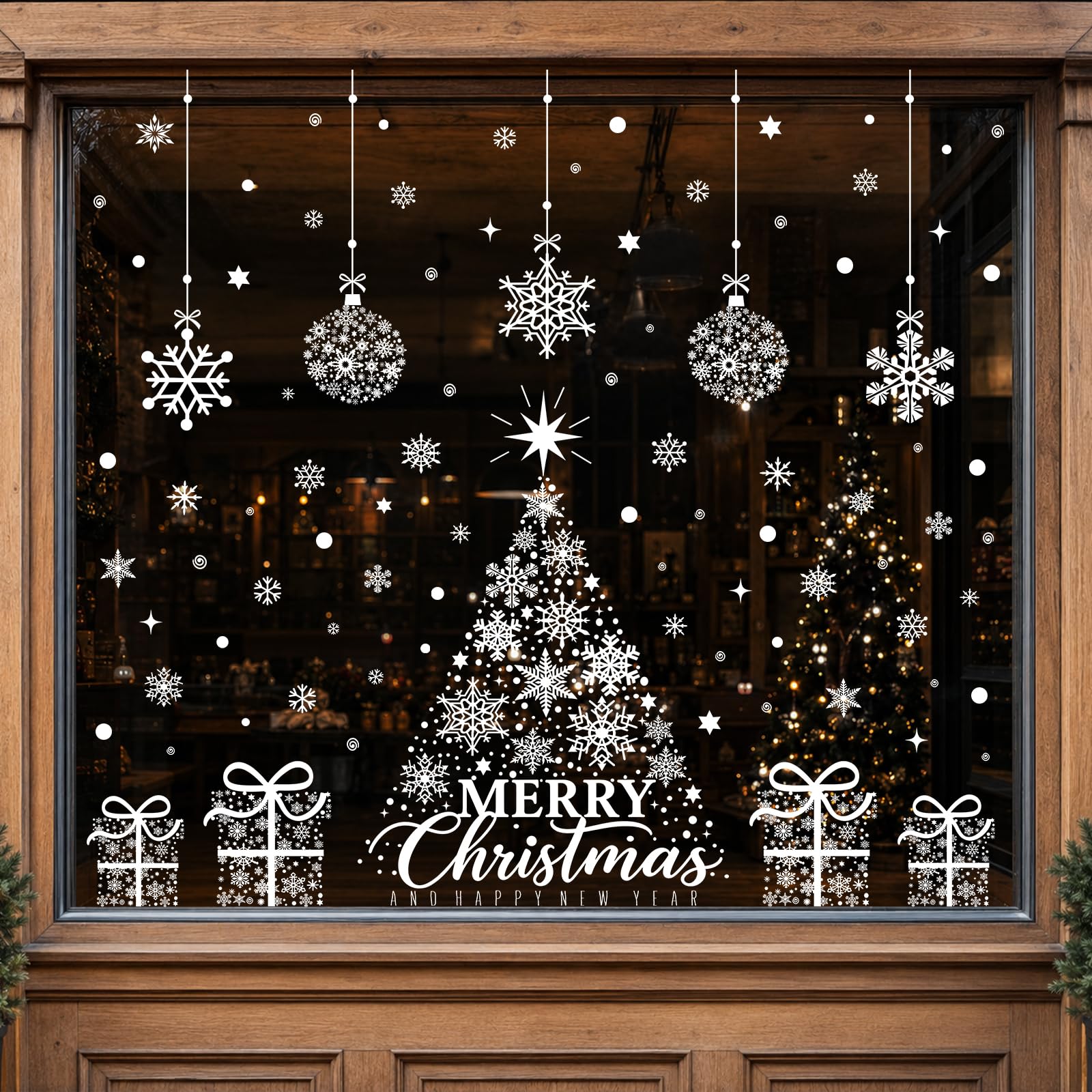 JOLCEEY 5 Sheets Christmas Window Stickers, 12 x 35 Inch Christmas Window Clings Decals Xmas Tree Double-Side White Snowflake Clings Decorations for Christmas Window Indoor Shop Office Decorations