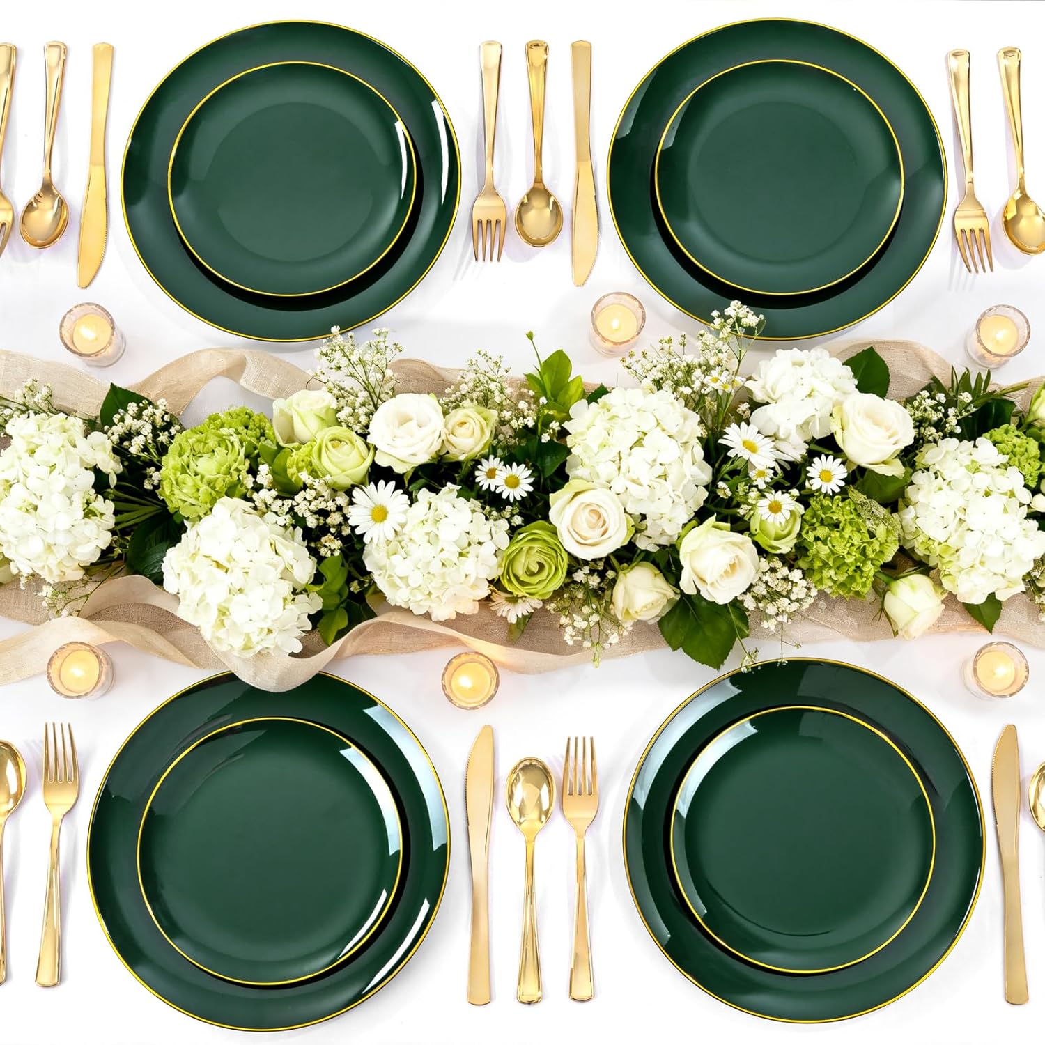 YOUBET 125PCS Green Plastic Plates - Green Disposable Plates With Gold Rim Include 25 Dinner Plate, 25 Dessert Plate, 75 Gold Plastic Silverware for Party Wedding