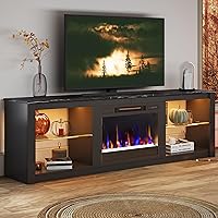 Bestier 70" Black Marble LED Fireplace TV Stand for 75" TVs - 23" Electric Insert, Glass Shelves, Modern Entertainment Center