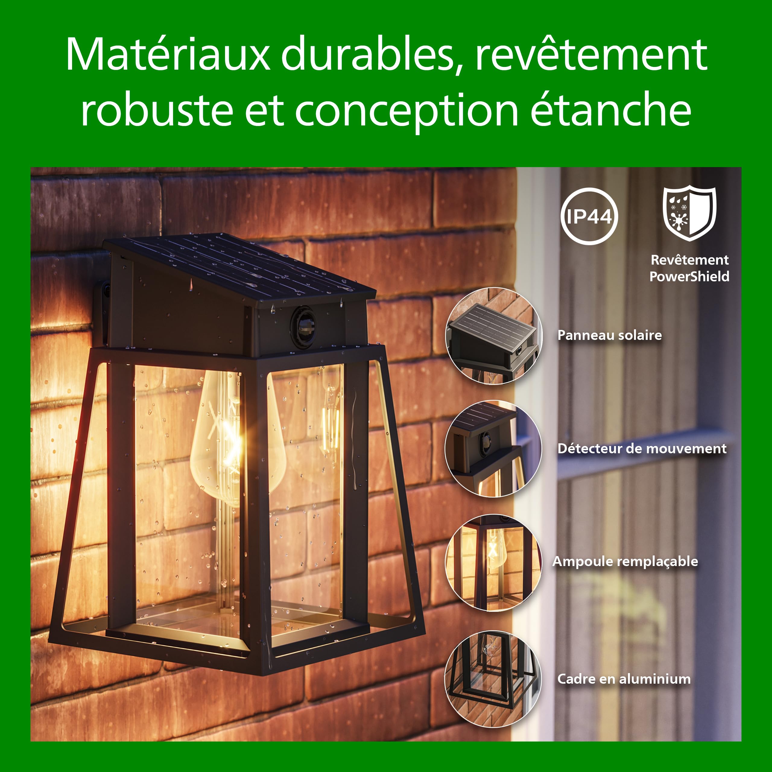 Philips Lysin Applique solaire murale UltraEfficient extérieur, Ampoule solaire remplaçable, Détecteur de mouvement, 2700K, Noir