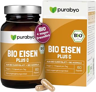 Purabyo BIO Eisen aus Curryblatt mit 40 mg natürlichem Vitamin C aus BIO Acerola | im Glas | 18 mg Eisen mit 129% NRV | Nur 1 Kapsel täglich | vegan, laborgeprüft und in Deutschland hergestellt