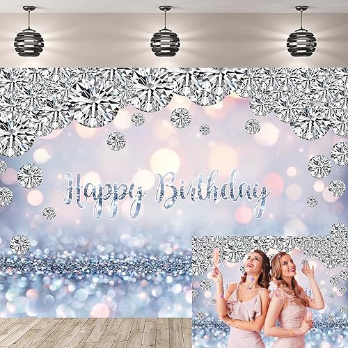 Telón de fondo de feliz cumpleaños con purpurina plateada para fotografía, 7 x 5 pies, diamantes brillantes, lentejuelas Bokeh, fondo de cumpleaños