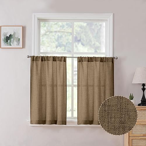 Tollpiz Short Linen Tier Curtains Rod Pocket Semi Sheer Half