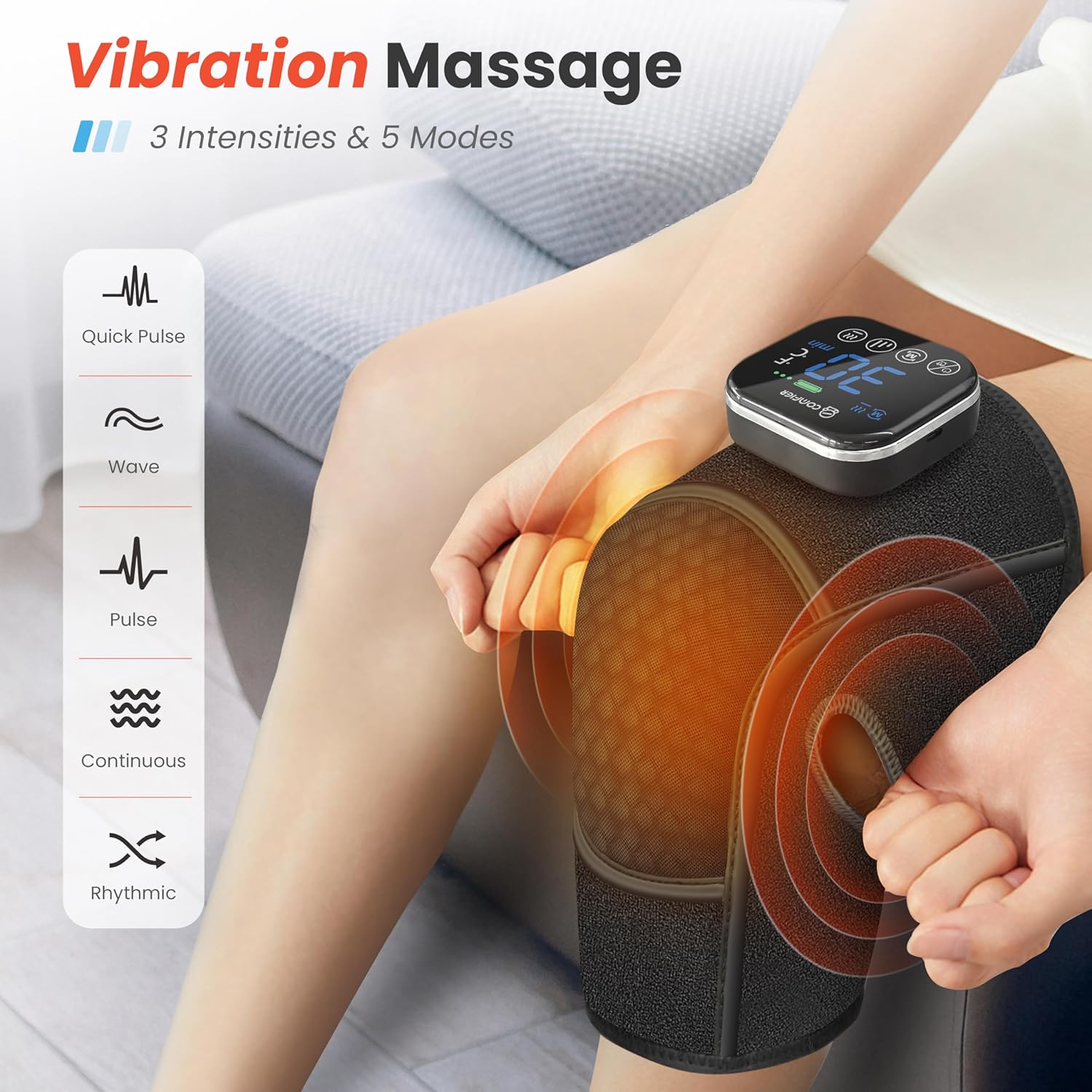 Diagram showing the five vibration massage modes: Quick Pulse, Wave, Pulse, Continuous, Rhythmic.