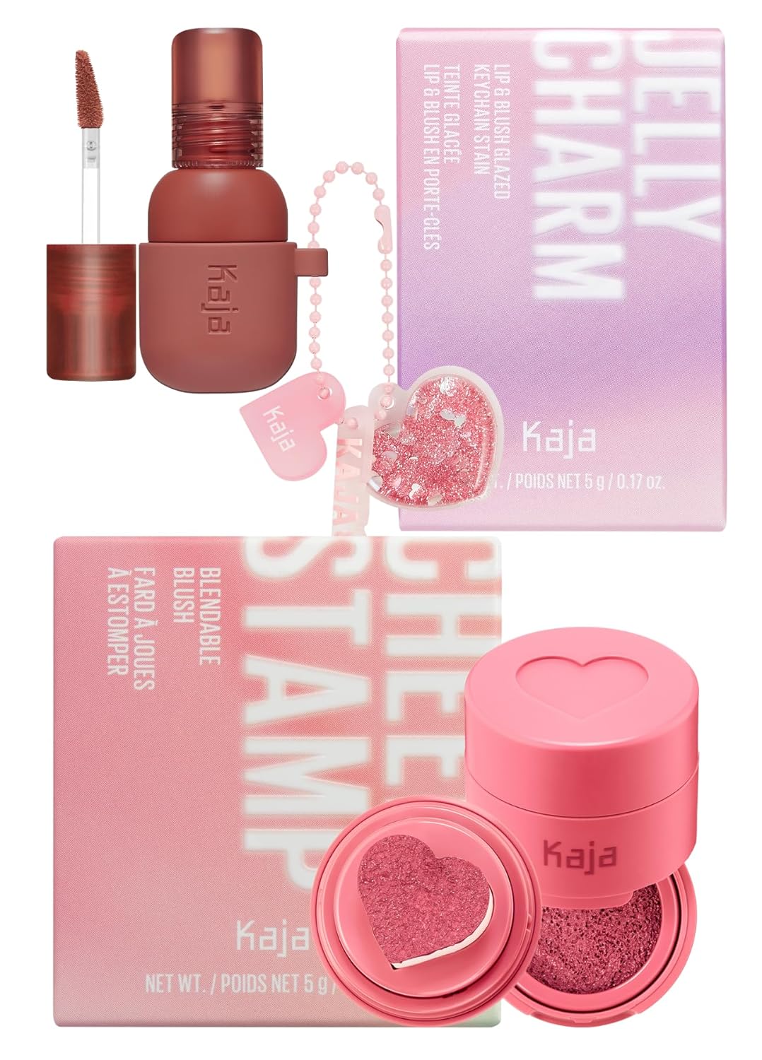Kaja Lip & Blush Glazed Keychain Stain - Jelly Charm 05 Peach Fizz + Blush - Cheeky Stamp 02 Saucy, 0.17 Oz Bundle