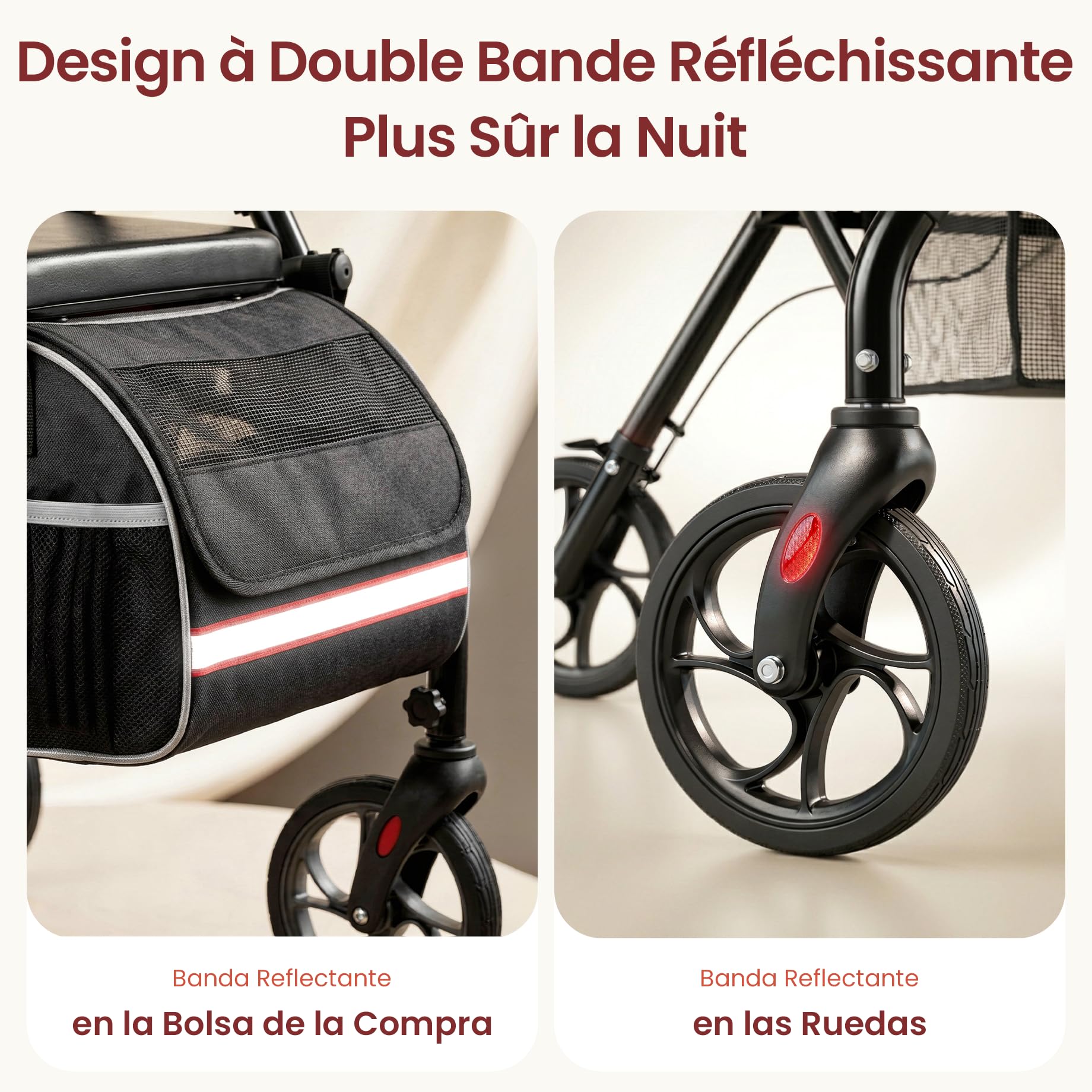 Andador con asiento y ruedas, plegable, 4 ruedas, para personas mayores y discapacitados, andador para exteriores/interiores, neumáticos todo terreno de 20 cm, mango ajustable en altura de 6