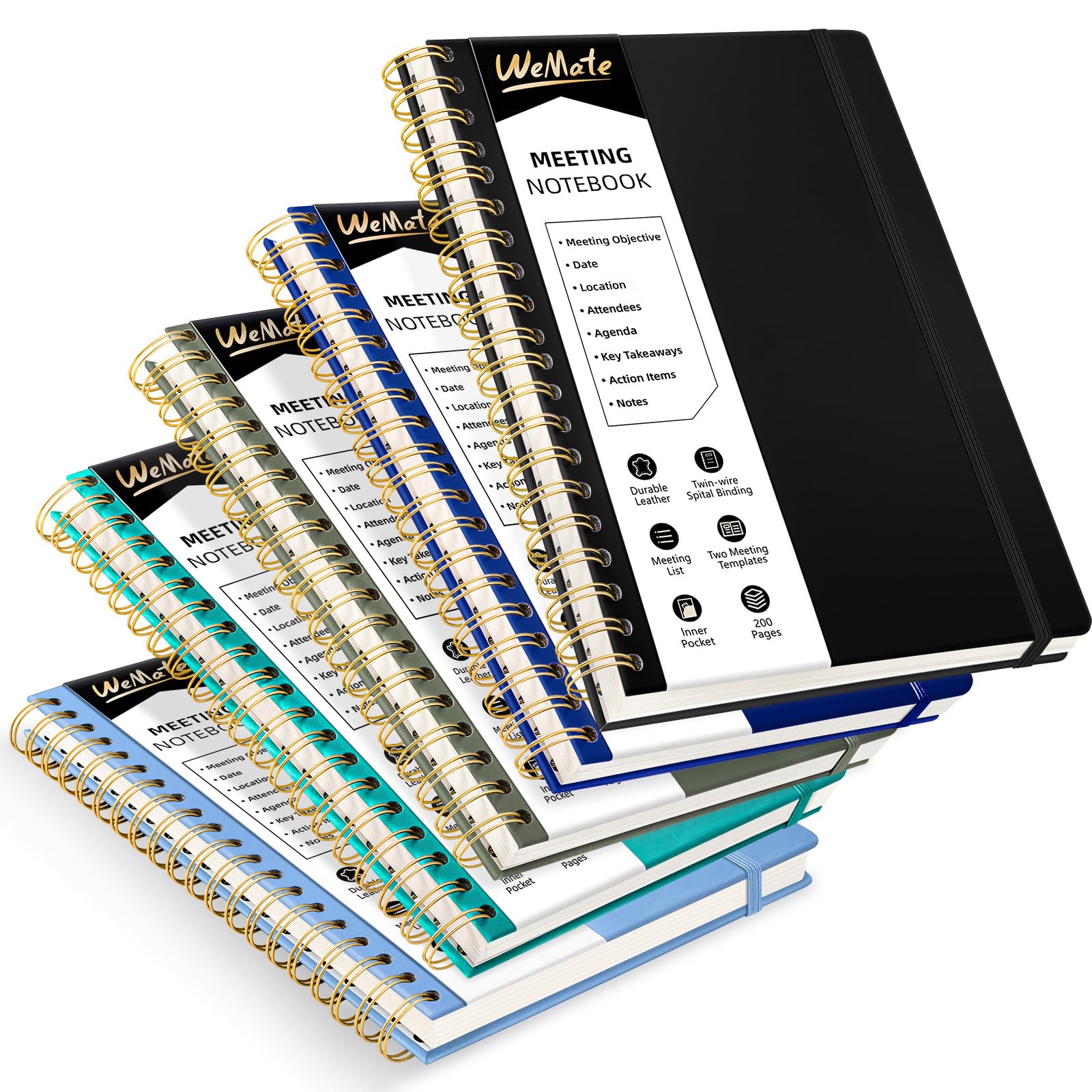 WEMATE Lot de 5 carnets de réunion pour travail (17,8 x 25,4 cm) 200 pages, carnet en cuir synthétique avec articles d'action et notes, pour le personnel et les étudiants, réunion, planification de
