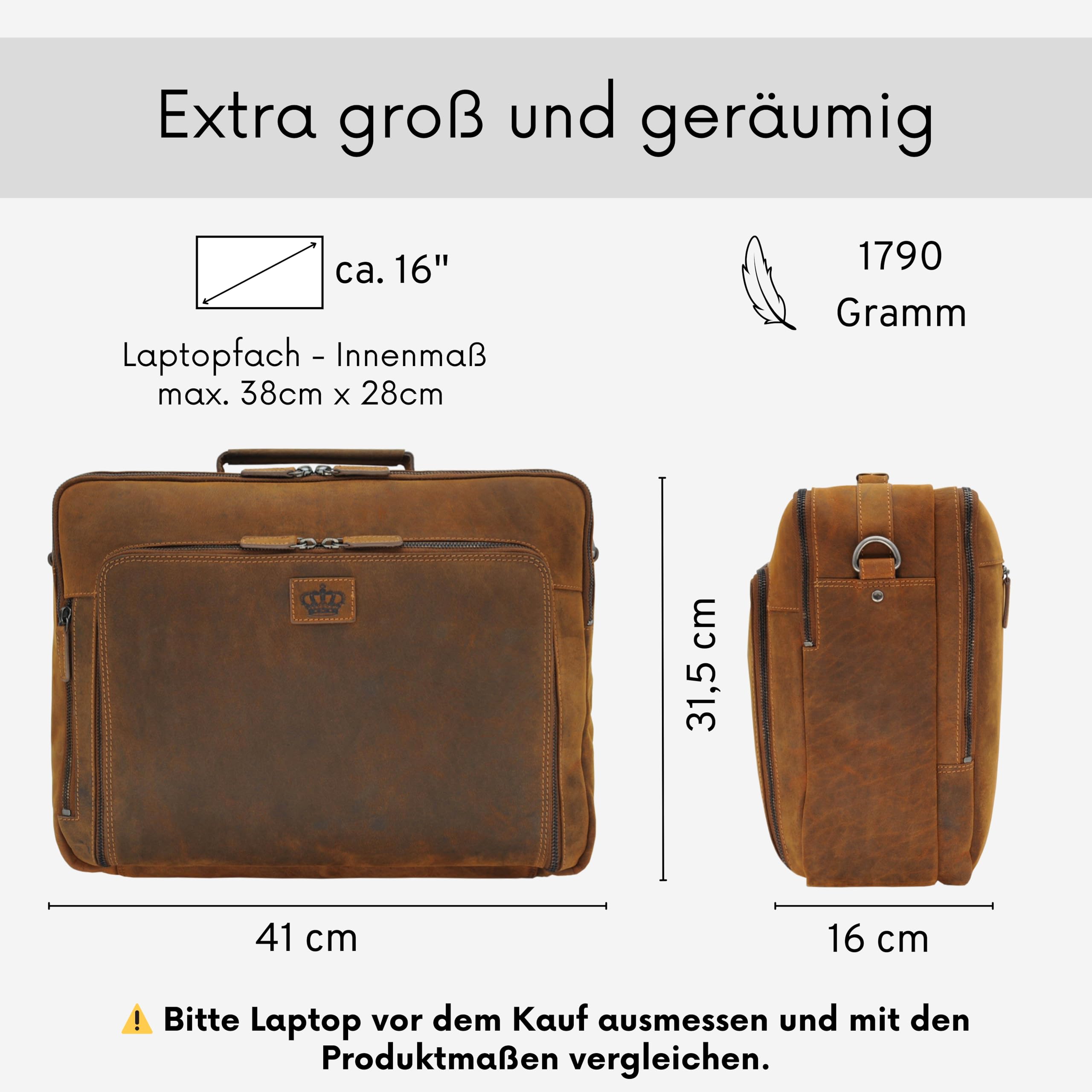 Baur XXL Tasche Echtleder – EXTRA GROSS | Laptoptasche für 13, 14, 15 & 16 Zoll | Sehr geräumige Business- & Aktentasche mit viel Stauraum | Notebook-Maße max. 38cm x 28cm