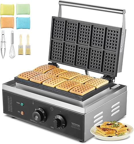 VEVOR Gofrera Comercial, 10 Piezas Máquina de Gofres Rectangular, Gofrera Belga de Acero Inoxidable Antiadherente de 1550W con Control de