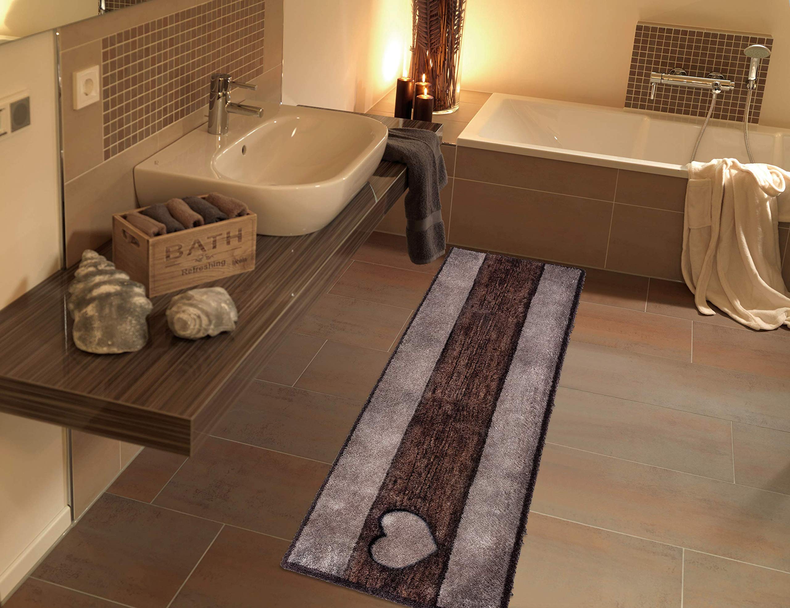 Astra Flauschige Sauberlaufmatte weich - Pure & Soft - Holz Herz Sand-braun 50 x 150cm - Waschbarer Küchenteppich innen - Türmatte strapazierfähig - Teppich