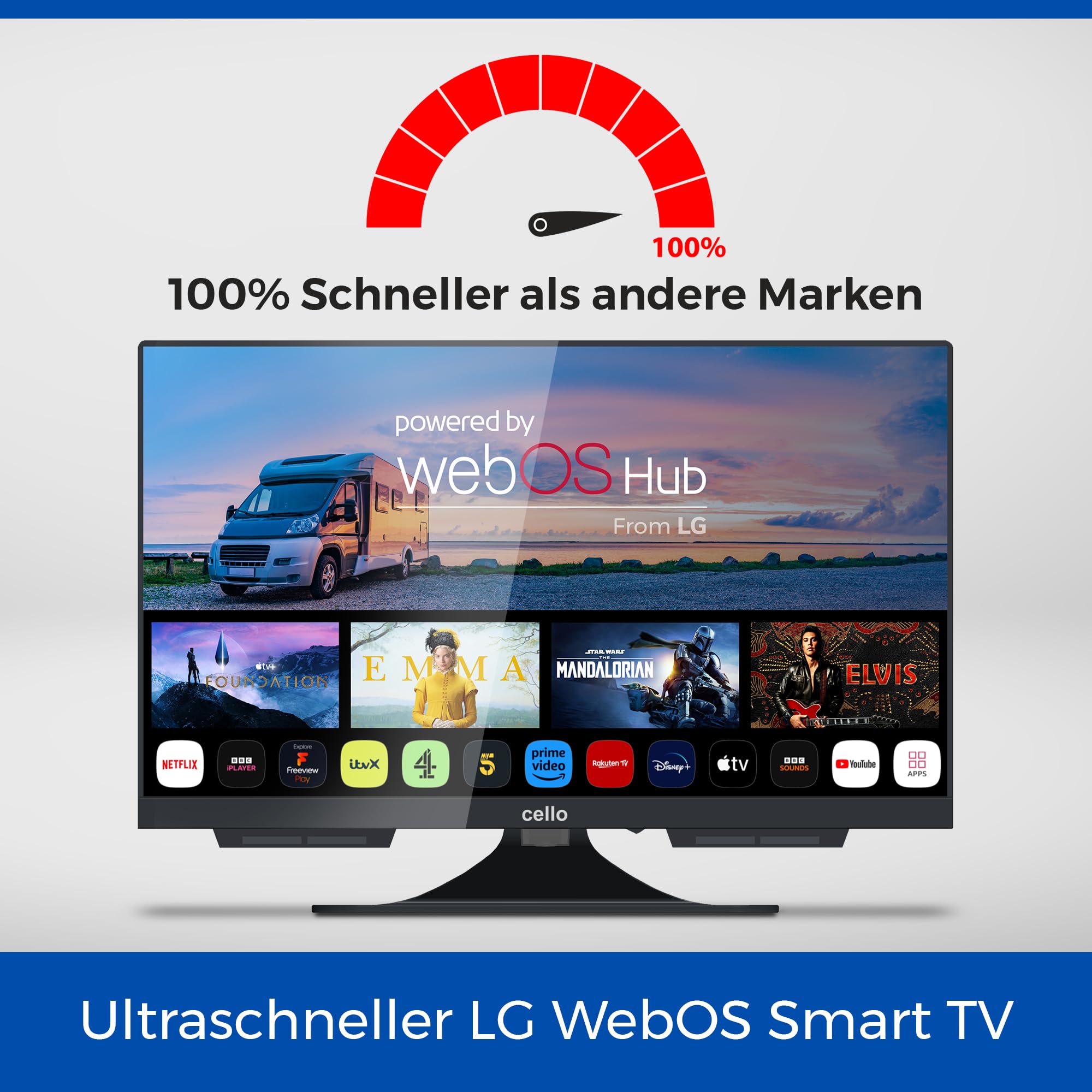 Cello C2424WS 24 Zoll 12V / 12 Volt Smart Fernseher für Wohnmobil & Wohnwagen, Camping Fernseher mit WebOS, Netflix, Bluetooth, DVB-T2 HD/DVB-S2 Triple-Tuner