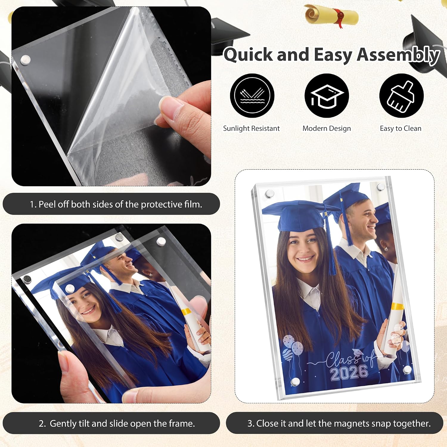 Aneco 3 Pack Class of 2026 Graduation Acrylic Picture Frames 4 x 6 Inch Graduate Double Sided Magnet Frames Clear Thick Freestanding Desktop Display with Engraved Design for High School College Gifts