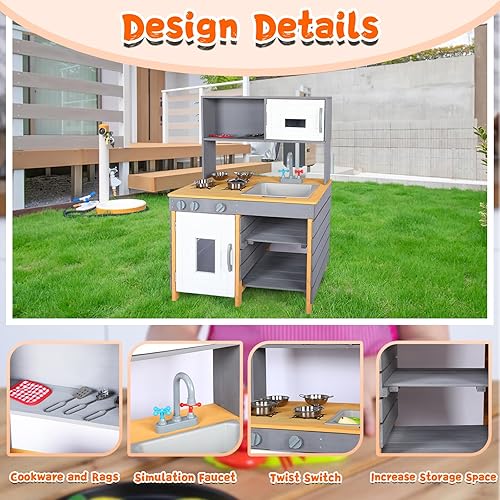 Miniatura 5 de Cocina de barro de madera, cocina de juego al aire libre con fregadero extraíble, caja de agua y grifo, parte superior de estufa, bolsas de