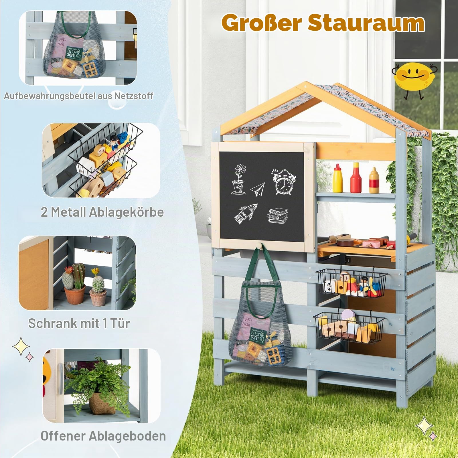 HOMASIS 3 in 1 Matschküche Kinder Outdoor, Kinderküche mit BBQ-Grill Tafel Waschbecken Spüle, doppelseitige Spielküche mit 17 Zubehör, Spielzeugküche aus Tannenholz, Gartenküche für Kinder ab 3 Jahren