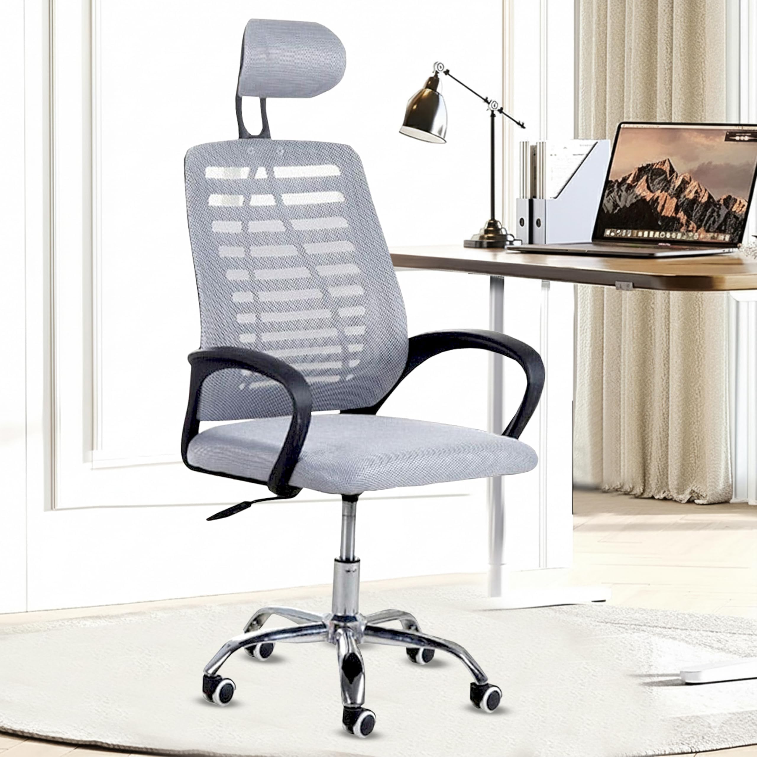 Casa Copenhagen,Mesh Office Desk,Rocking, Ergonomic Computer Chair Adjustable High with Headrest and Comfortable Armrest Swivel Chair - Grey Milange & Black Handle